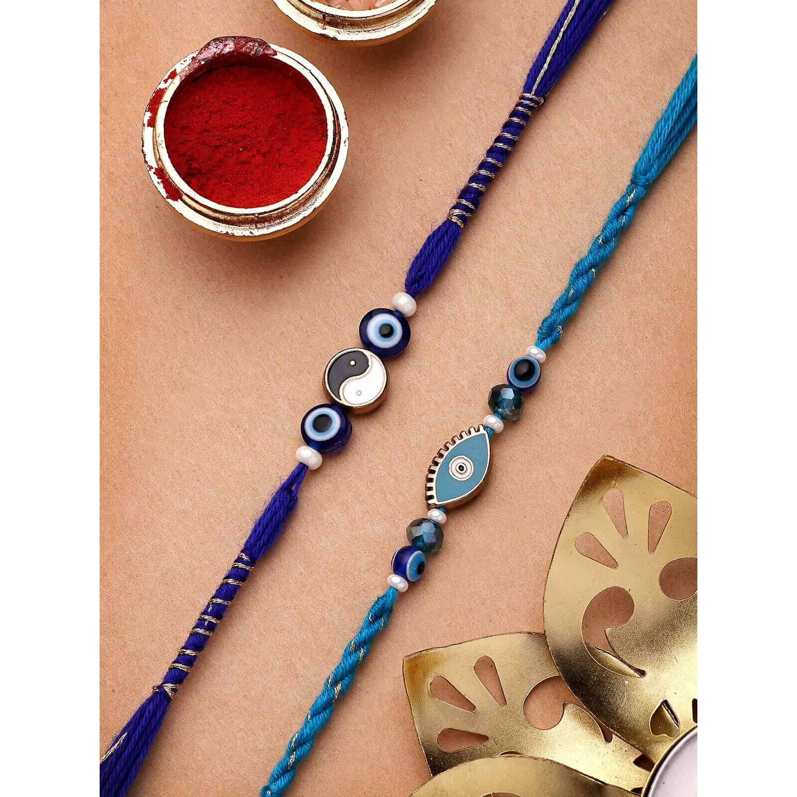 Sukkhi Rakhi For Brother Traditional Gold Plated Evil Eye Nazar Combo With Roli Chawal & Greeting Card|Rakshabandhan|Set Of 2|Cbrak107572
