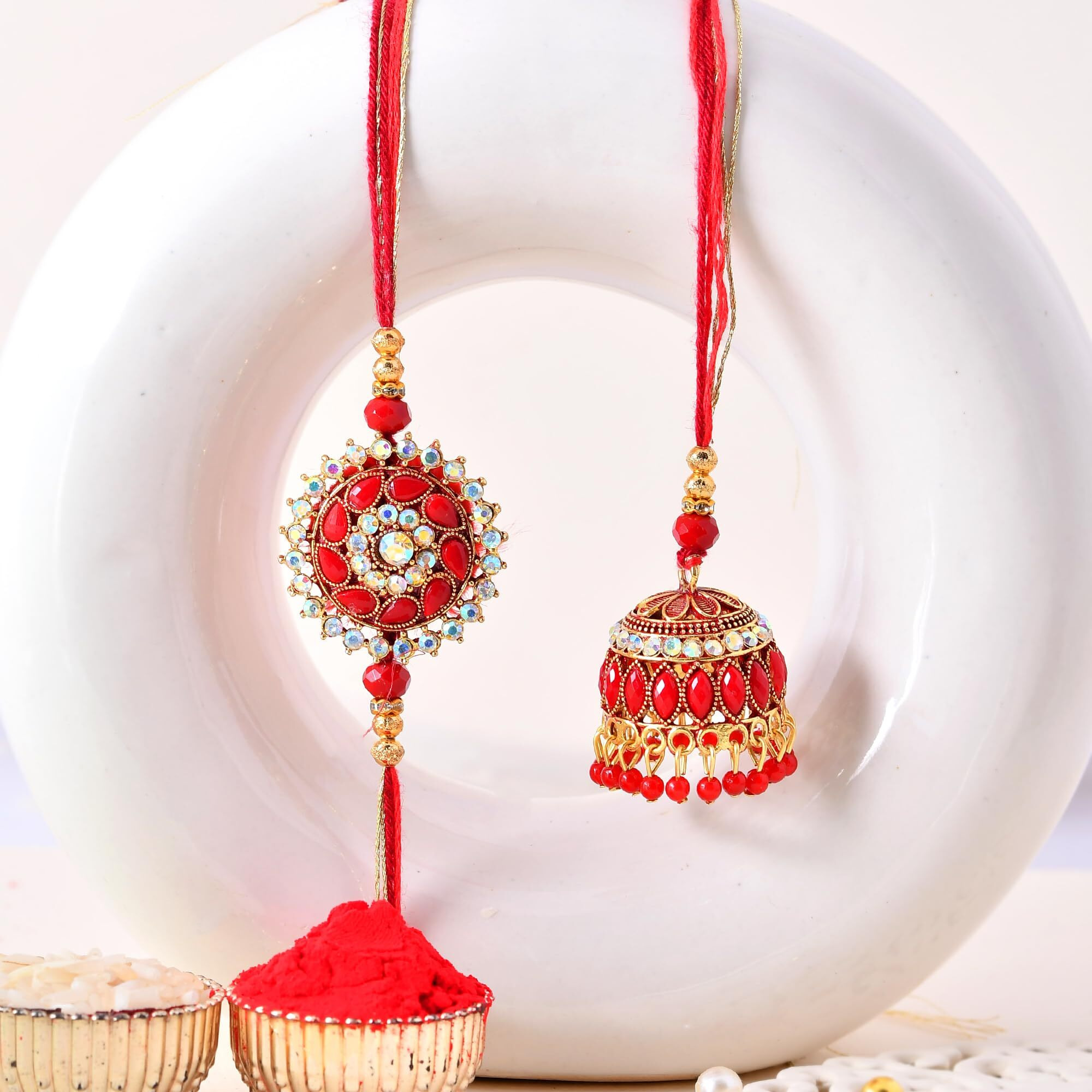 Craftvatika Designer Rakhi For Brother And Bhabhi Set Of 2, Pair Couple Bhaiya Bhai Bhabhi Rakhi Set, Designer Jhumka Lumba Rakhis For Bhabhi, Sister, Raksha Bandhan Rakhi, Premium Kundan Floral Rakhis For Brother Bhaiya, With Best Wishes Card, Tilak Set