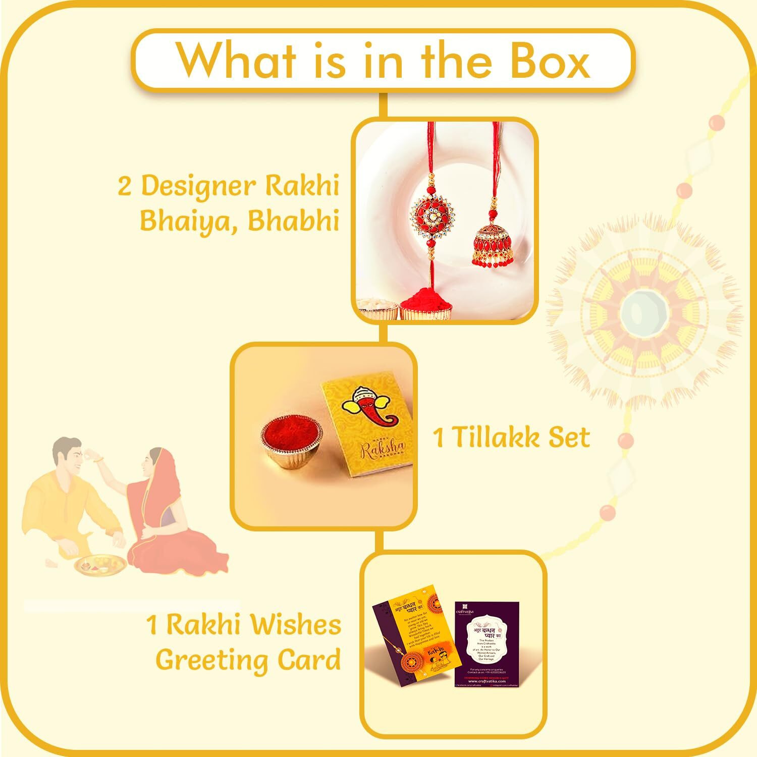 Craftvatika Designer Rakhi For Brother And Bhabhi Set Of 2, Pair Couple Bhaiya Bhai Bhabhi Rakhi Set, Designer Jhumka Lumba Rakhis For Bhabhi, Sister, Raksha Bandhan Rakhi, Premium Kundan Floral Rakhis For Brother Bhaiya, With Best Wishes Card, Tilak Set