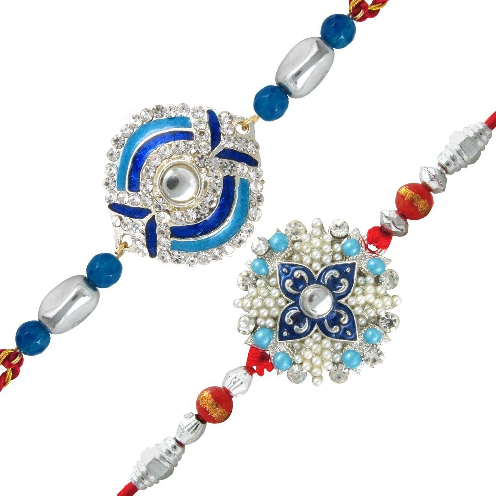 Mahi Silver Alloy Ethereal Meenakari Work 2 Rakhis Bracelet Combo For Boys