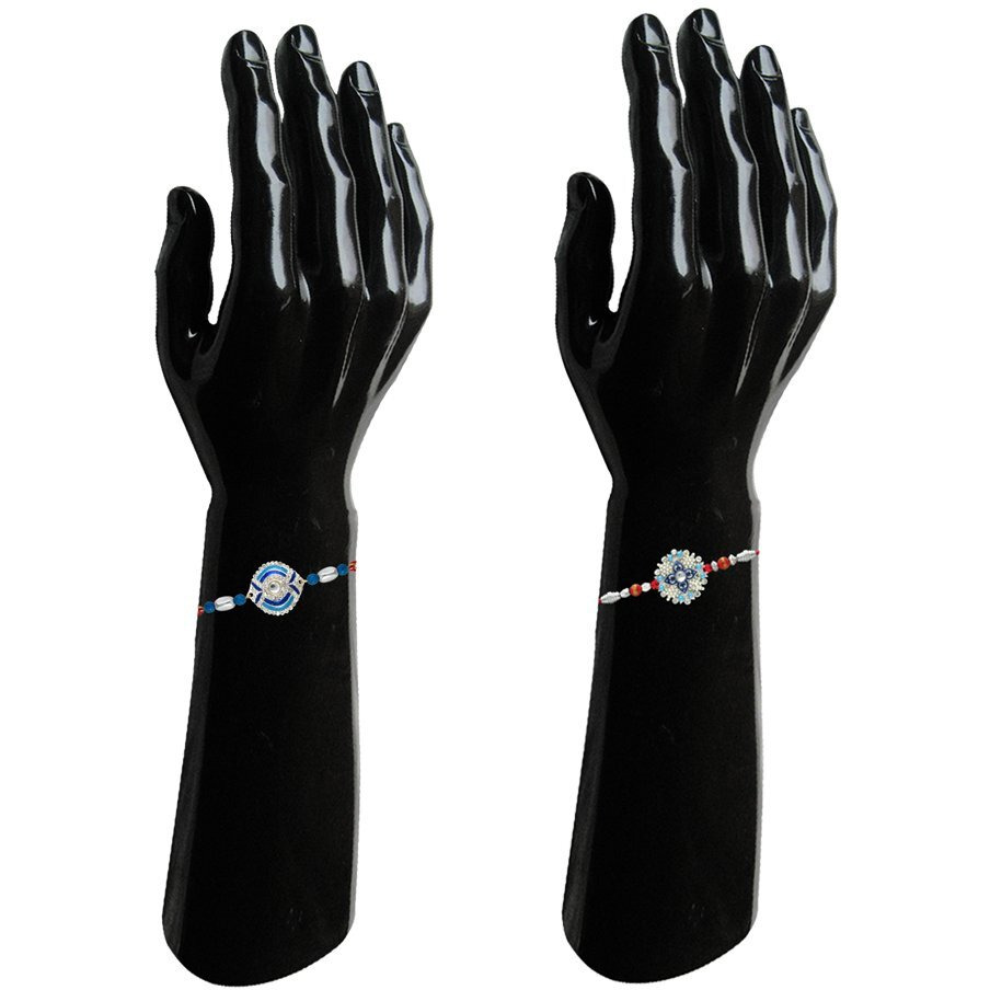 Mahi Silver Alloy Ethereal Meenakari Work 2 Rakhis Bracelet Combo For Boys