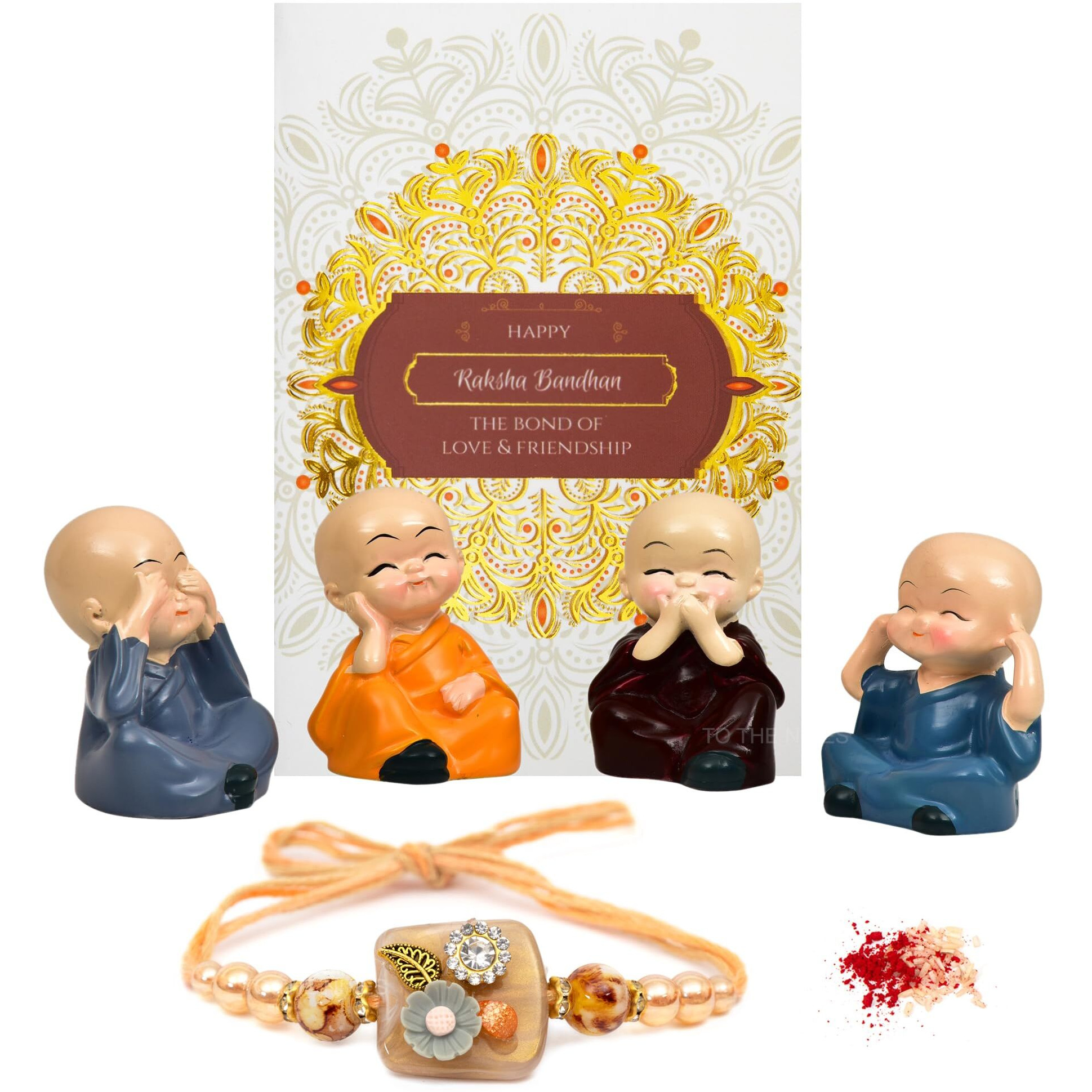 To The Nines Elegant Rakhi With Gift Set For Brother [Gift Combo - Rakhi With Cute Polynesin Monk Set Of 4, Tilak Material & Greeting Card]