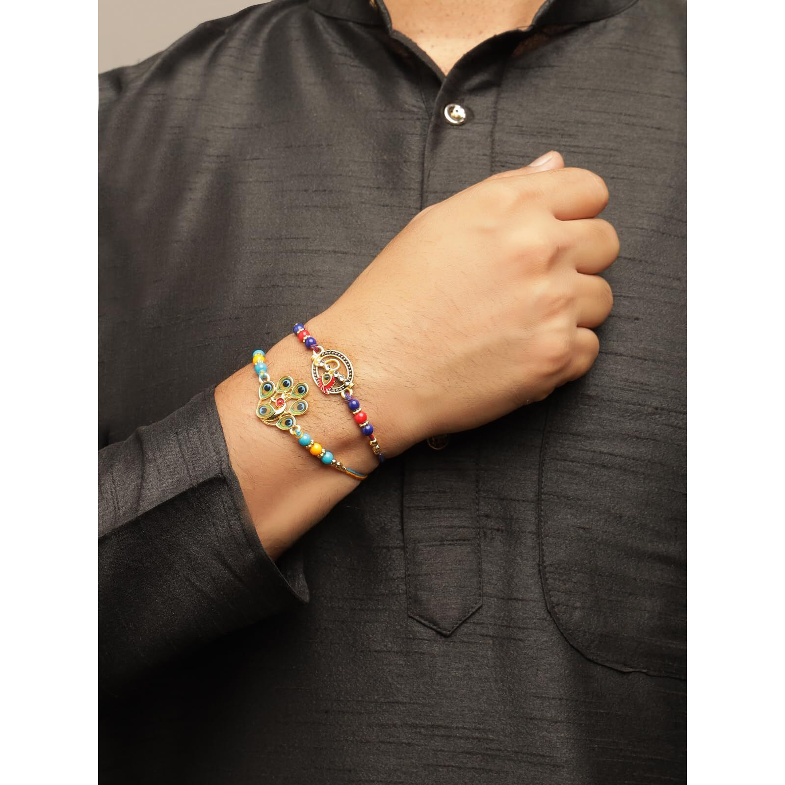 Sukkhi Rakhi Multicolor Peacock Designer Gold Plated Beads Combo Rakhi For Brother With Roli Chawal & Greeting Card|Set Of 2|Cbrak107439