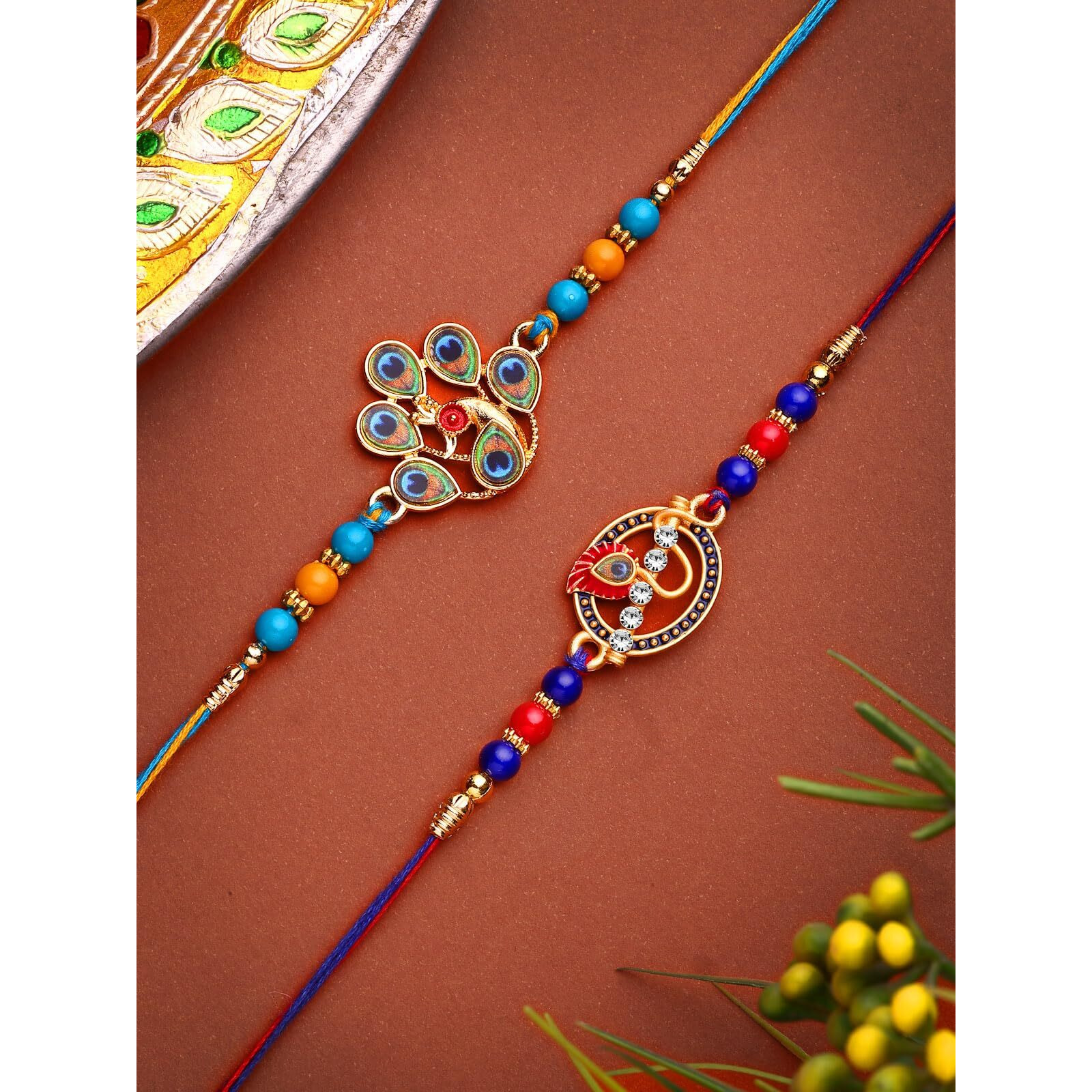 Sukkhi Rakhi Multicolor Peacock Designer Gold Plated Beads Combo Rakhi For Brother With Roli Chawal & Greeting Card|Set Of 2|Cbrak107439