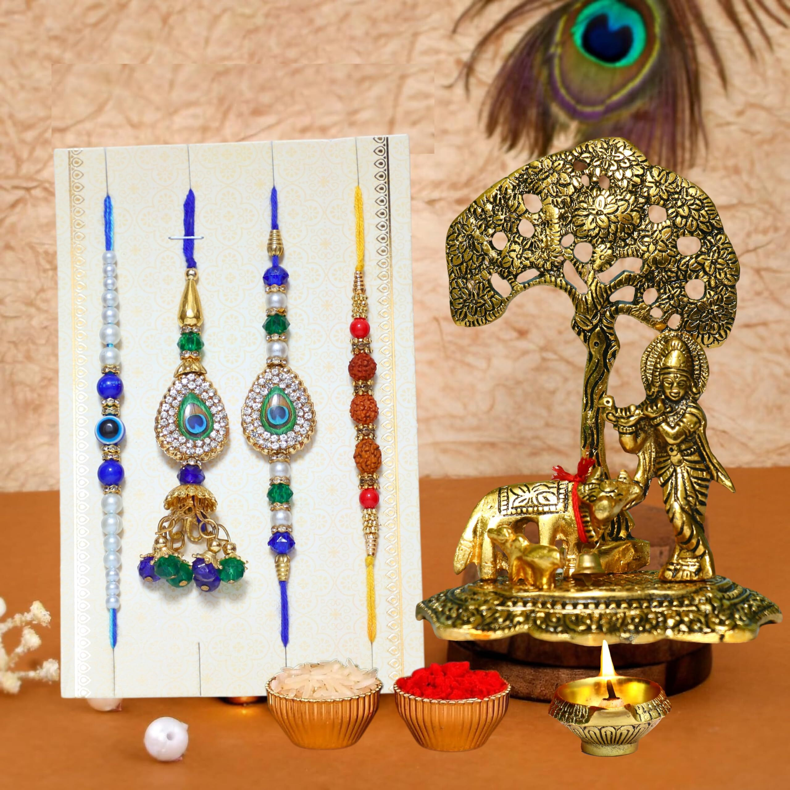 Chhariya Crafts Metal Krishna With Diya Idol Combo (1 Krishna Murti Showpieces, 1 Diya, Chawal Roli Pack, 1 Lumba Rakhi For Bhabhi, 3 Designer Rakhi For Bhaiya Brother)