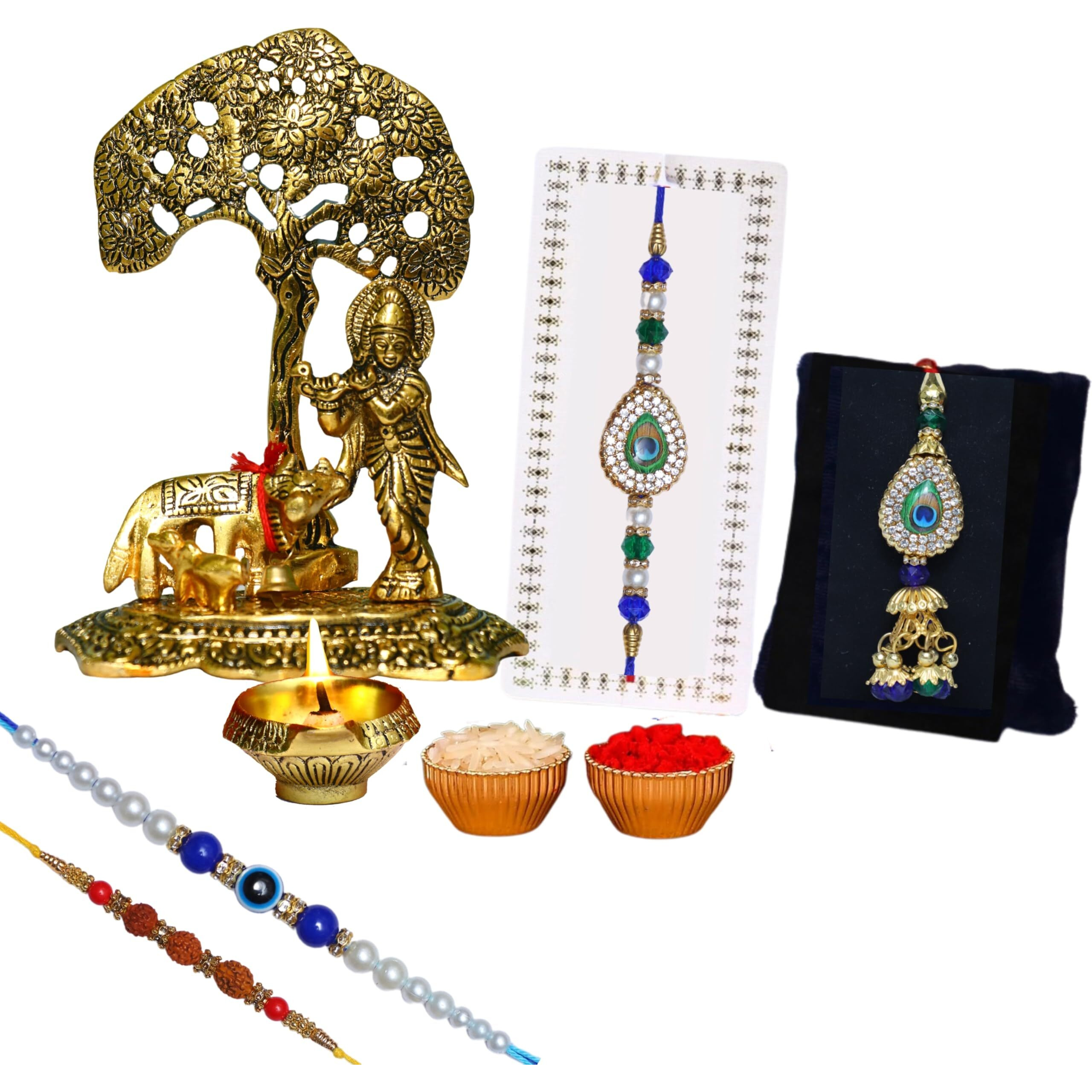 Chhariya Crafts Metal Krishna With Diya Idol Combo (1 Krishna Murti Showpieces, 1 Diya, Chawal Roli Pack, 1 Lumba Rakhi For Bhabhi, 3 Designer Rakhi For Bhaiya Brother)
