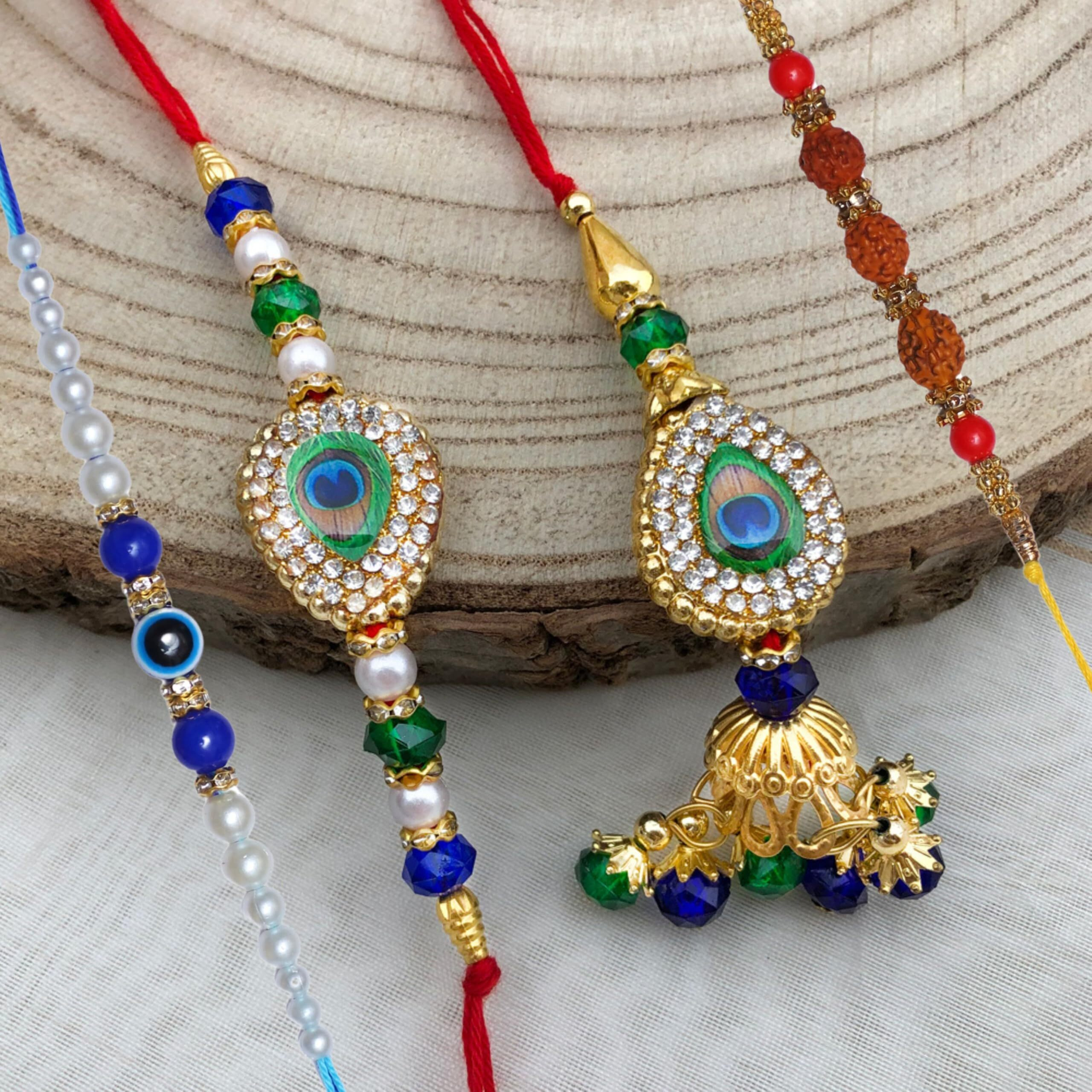 Chhariya Crafts Metal Krishna With Diya Idol Combo (1 Krishna Murti Showpieces, 1 Diya, Chawal Roli Pack, 1 Lumba Rakhi For Bhabhi, 3 Designer Rakhi For Bhaiya Brother)