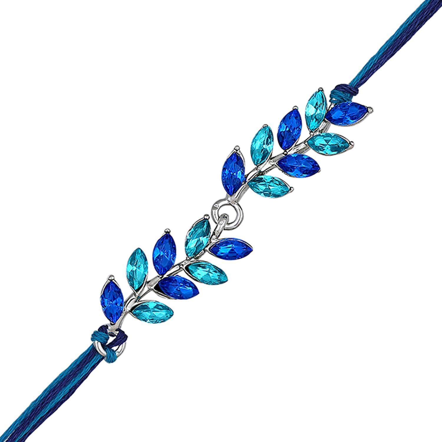 Mahi Light And Dark Blue Leafy Shape Crystals Rakhi For Brother (Ra1100716Rblu)