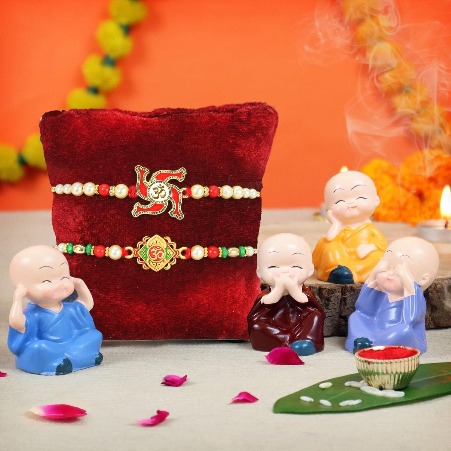 Tied Ribbons Rakhi For Brother With Gift - Set Of 2 Designer Rakhi For Bhaiya With Mini Monk Buddha Idols Showpiece Tikka