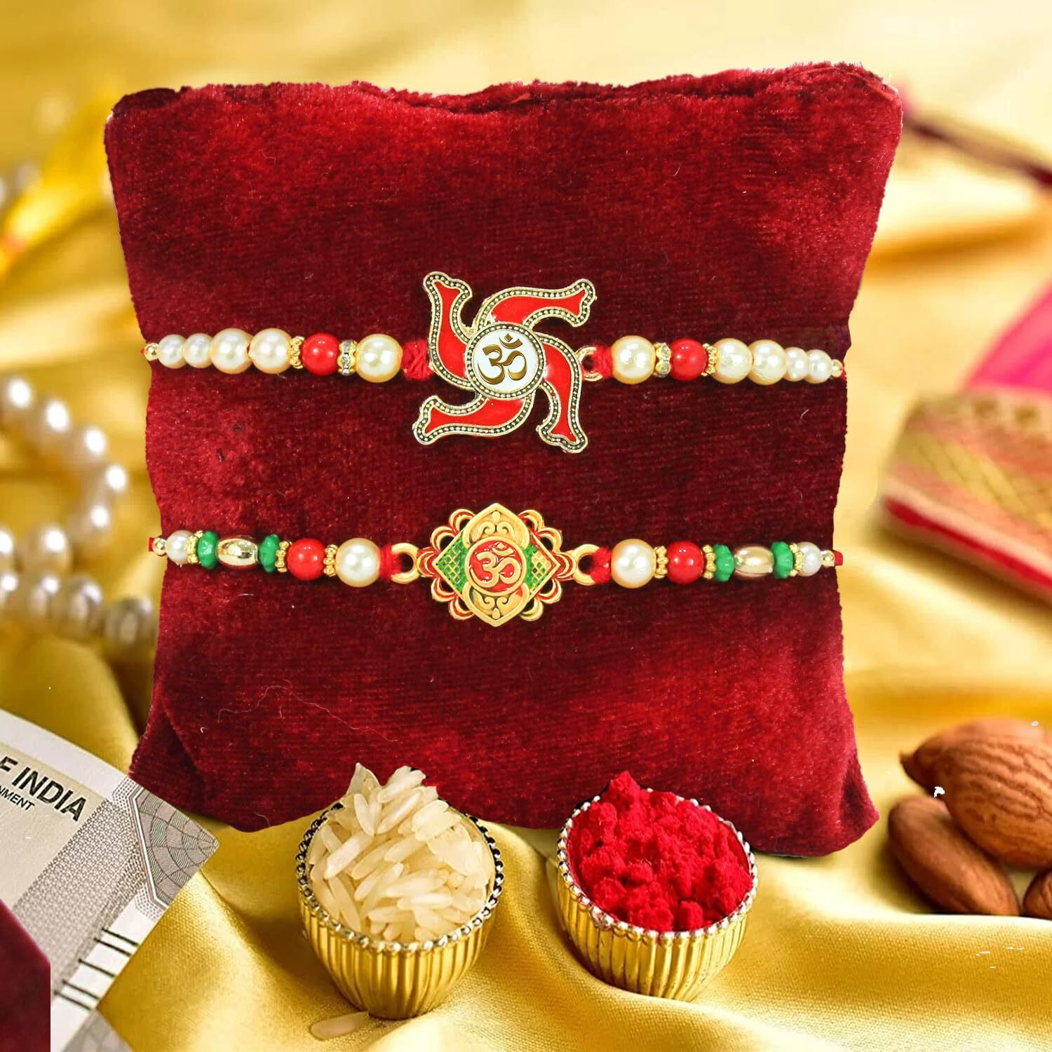 Tied Ribbons Rakhi For Brother With Gift - Set Of 2 Designer Rakhi For Bhaiya With Mini Monk Buddha Idols Showpiece Tikka