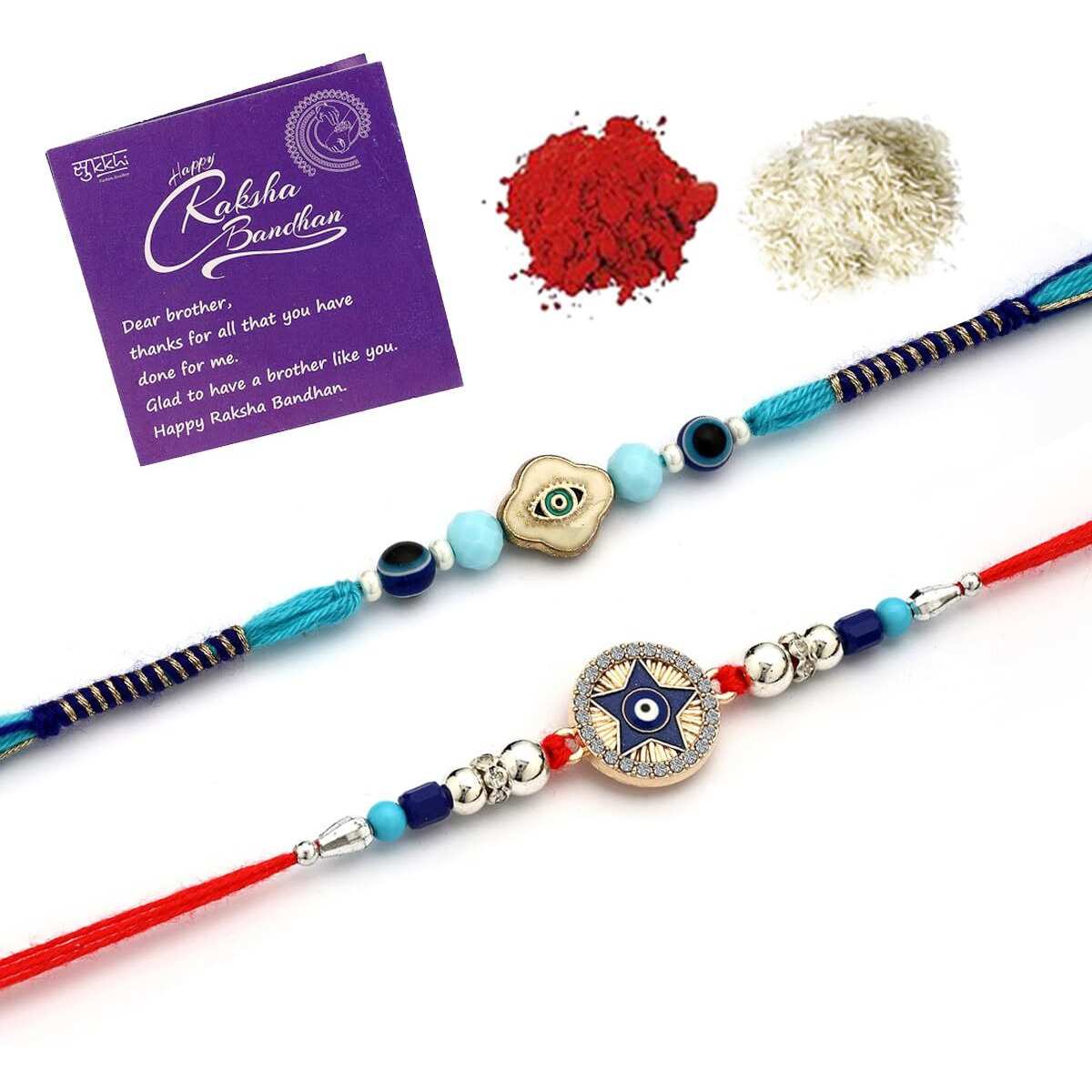 Sukkhi Rakhi For Brother Evil Eye Protect From Negative Energy With Meenakari Handmade Gold Plated Combo With Roli Chawal & Greeting Card|Rakshabandhan|Set Of 2|Cbrak107571