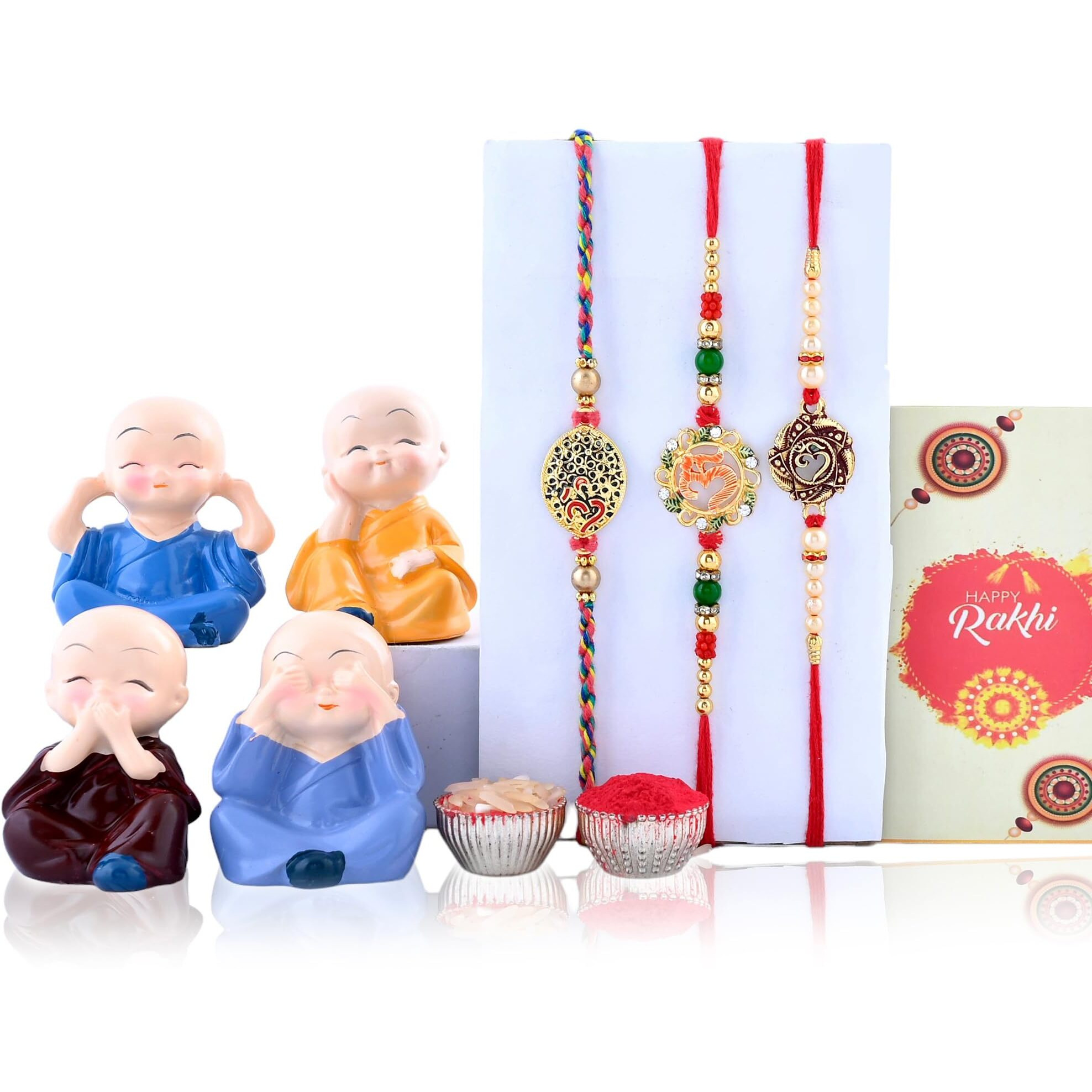 Great Art Rakhi Gift For Brother With Rakhi Gift Combo For Brother Best Gift For Bhaiya Bhabhi +Monk Buddha Statue For Car Dash Board + Rakhi Set Of-3 +Roli Chawal + Free Rakhi Card