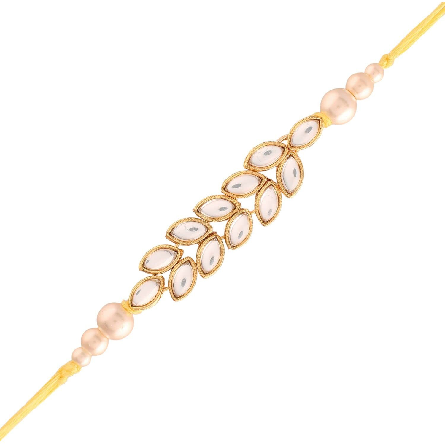 I Jewels Mens Gold Plated Ethnic Pearl Beads Bhaiya Rakhi With Roli Chawal & Rakshabandhan Card For Bro/Brother/Bhai (R024-R) Pack Of 1