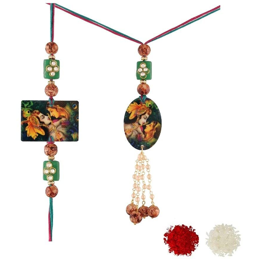 I Jewels Ethnic Printed Bhaiya Bhabhi Lumba Rakhi Bracelet Combo Set With Roli Chawal & Rakshabandhan Card (R050-Co)