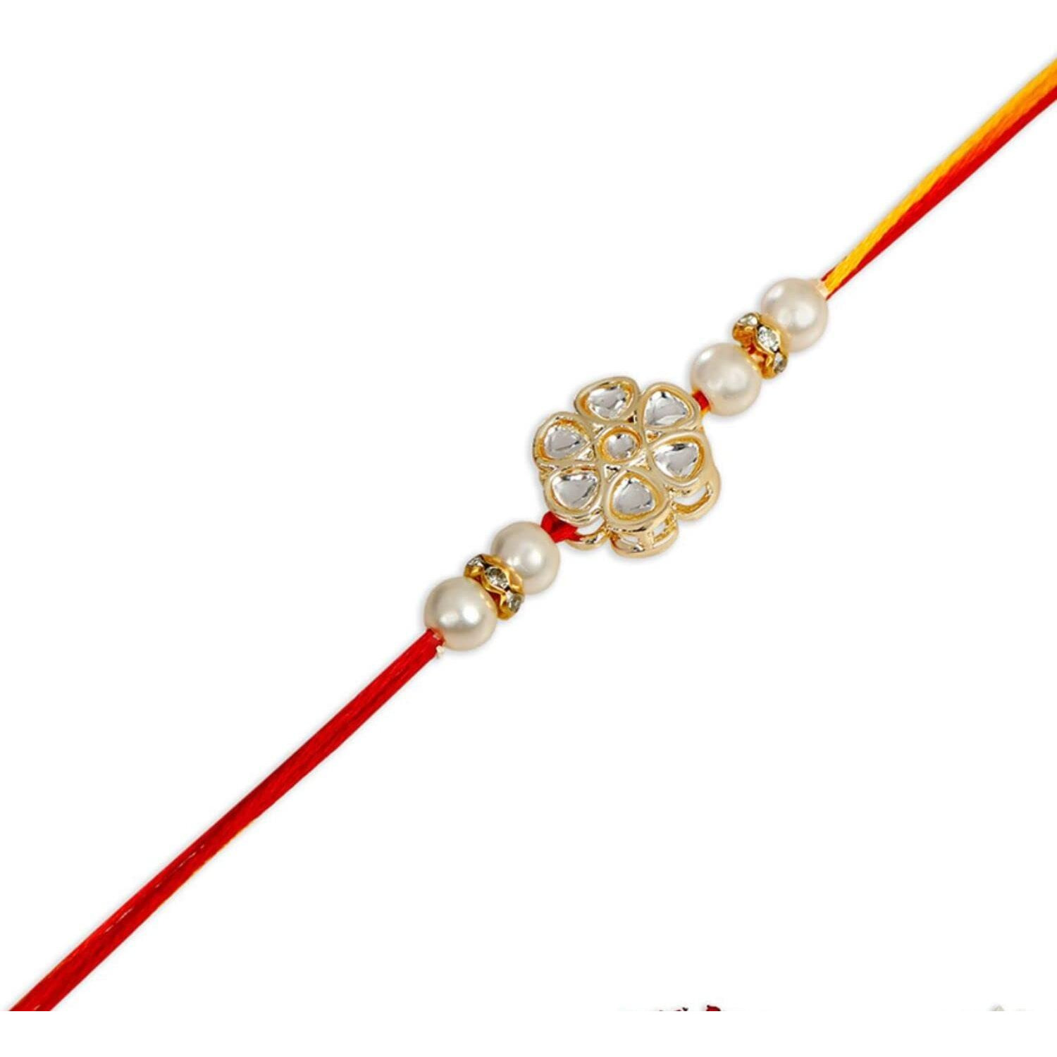 Accessher Mens Traditional Special Handmade White Floral Kundan Rakhi With Beads For Brother Pack Of 1 With Roli Kumkum Packets And Happy Rakshabandhan Card For Raksha Bandhan