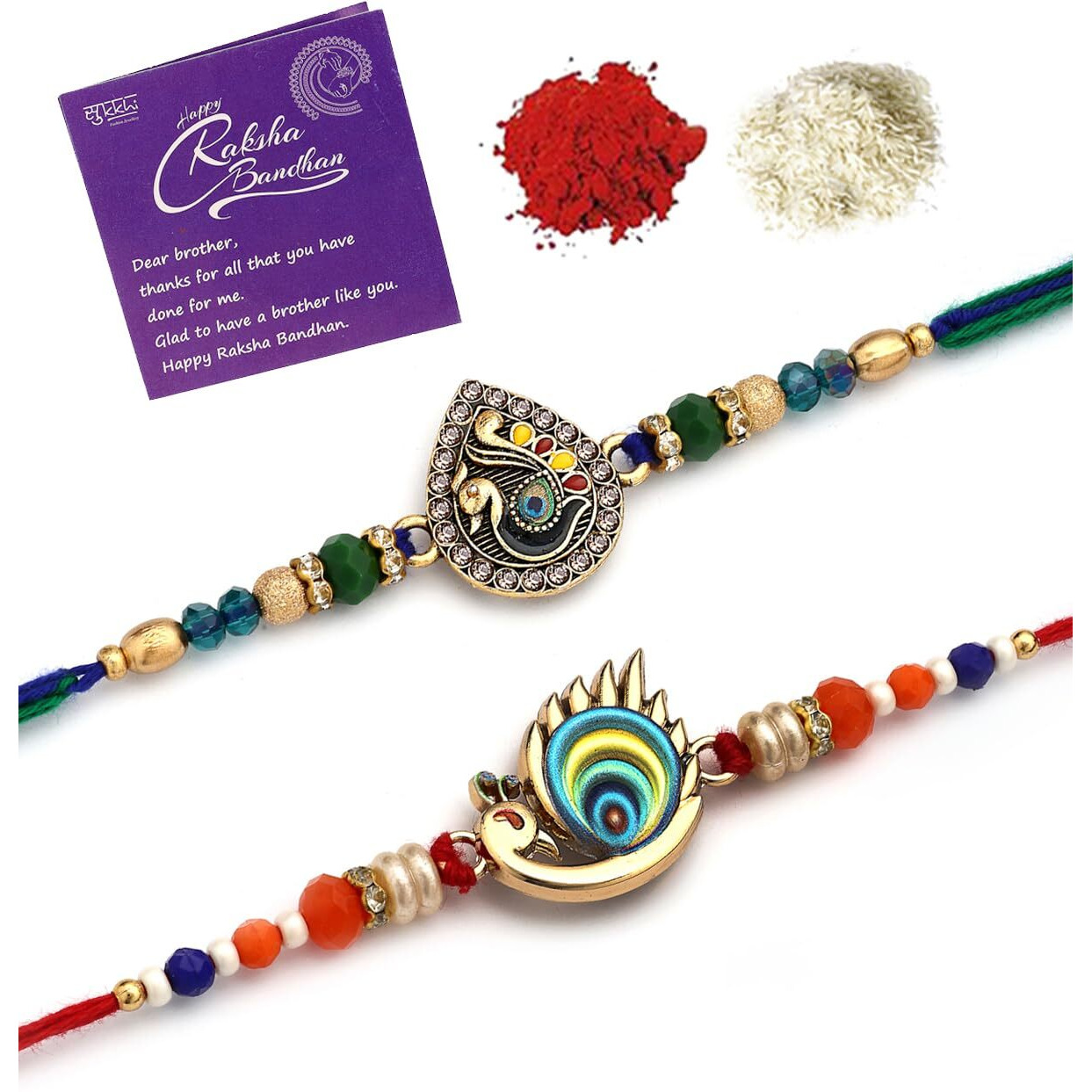 Sukkhi Rakhi For Brother Beautiful Peacock Design & Ad Stones Gold Plated Multicolor Peacock Combo With Roli Chawal & Greeting Card|Rakshabandhan|Set Of 2|Cbrak107574