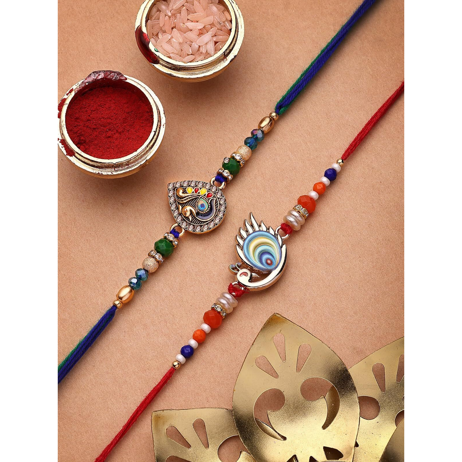 Sukkhi Rakhi For Brother Beautiful Peacock Design & Ad Stones Gold Plated Multicolor Peacock Combo With Roli Chawal & Greeting Card|Rakshabandhan|Set Of 2|Cbrak107574