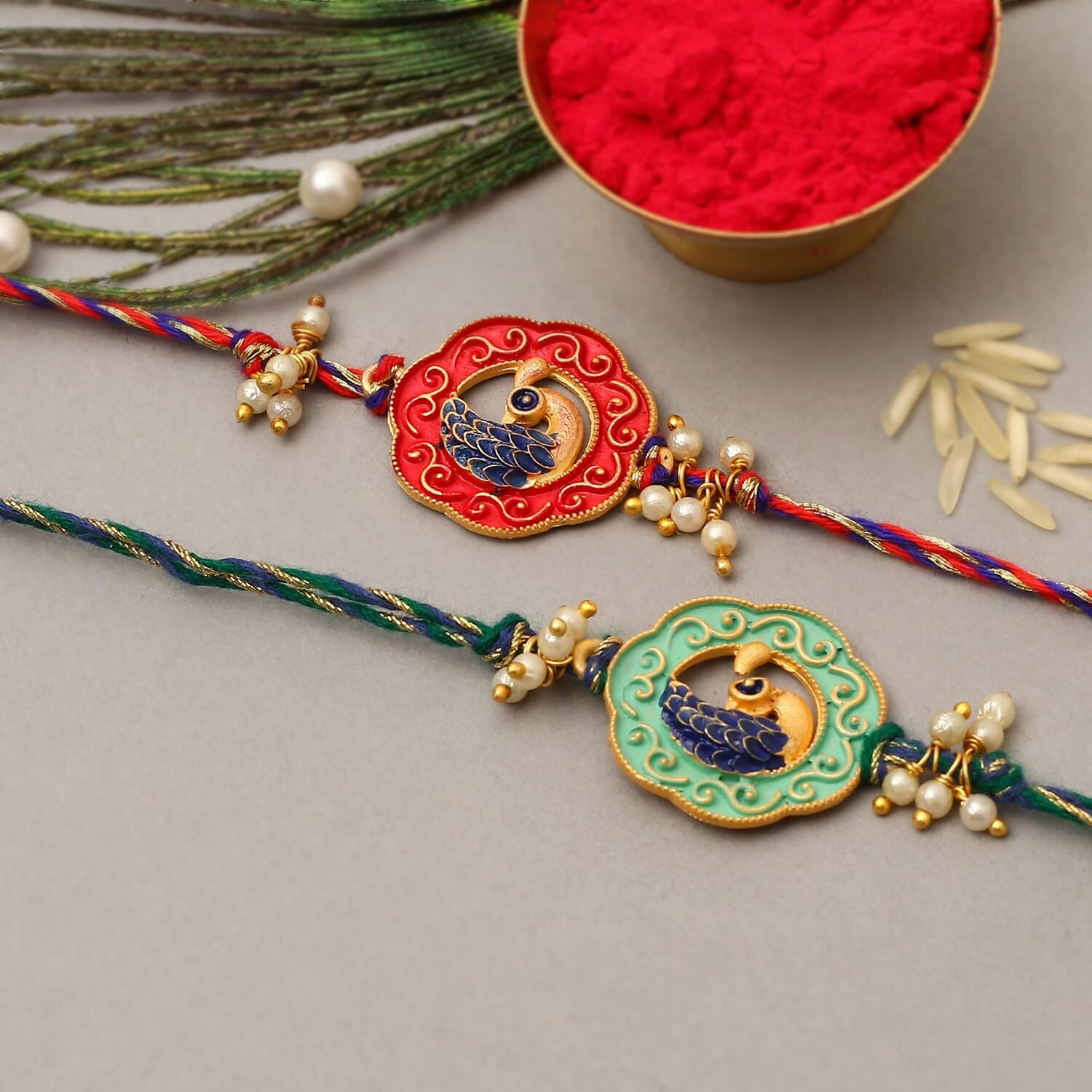 The Purple Tree Beautiful Peacocks Meenakari Rakhi For Brother With Roli Chawal And Card (Set Of 2) Rakhi For Bhai, Rakshabandhan Gift For Brother, Rakhi Thread, Rakhi Set, Rakhi Gift