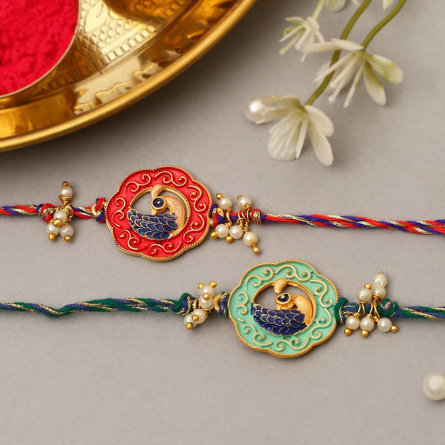 The Purple Tree Beautiful Peacocks Meenakari Rakhi For Brother With Roli Chawal And Card (Set Of 2) Rakhi For Bhai, Rakshabandhan Gift For Brother, Rakhi Thread, Rakhi Set, Rakhi Gift