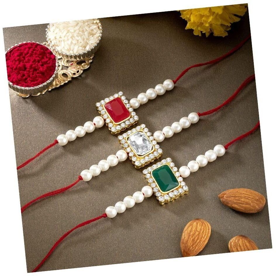 I Jewels Gold Plated Stone Pearl Studded Combo Rakhi Bracelet For Men/Brother/Bhaiya (Pack Of 3) (R010R-W-G)