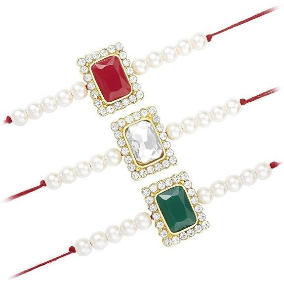 I Jewels Gold Plated Stone Pearl Studded Combo Rakhi Bracelet For Men/Brother/Bhaiya (Pack Of 3) (R010R-W-G)