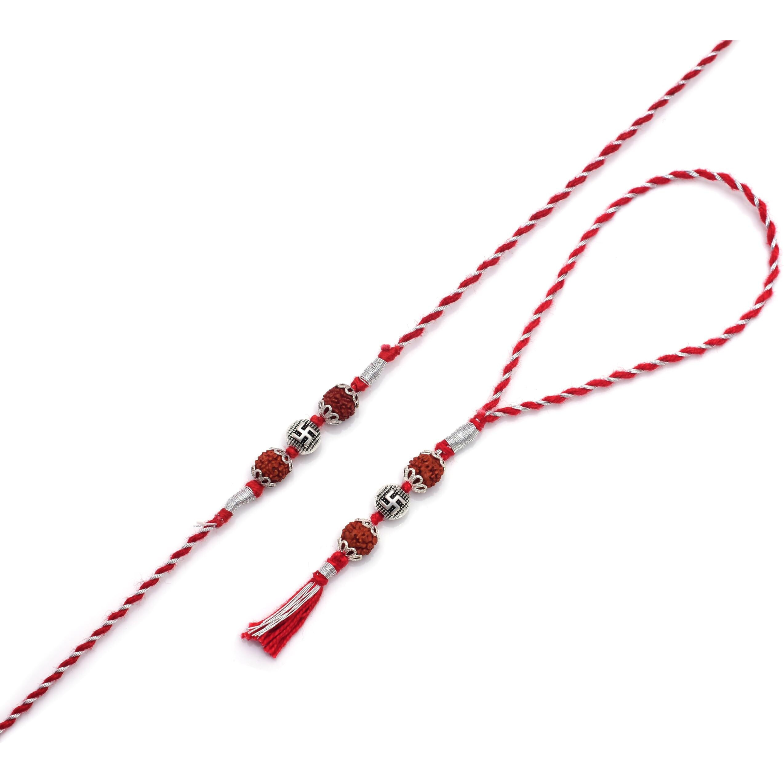 Abhooshan Silver Alloy Rudraksh Swastik Bead Thread Rakhi For Bhaiya Brother And Bhabhi | Stylish Gift For Rakshabandhan | Combo Rakhi For Couple | Rudraksh Swastik Bead Lumba Rakhi Set