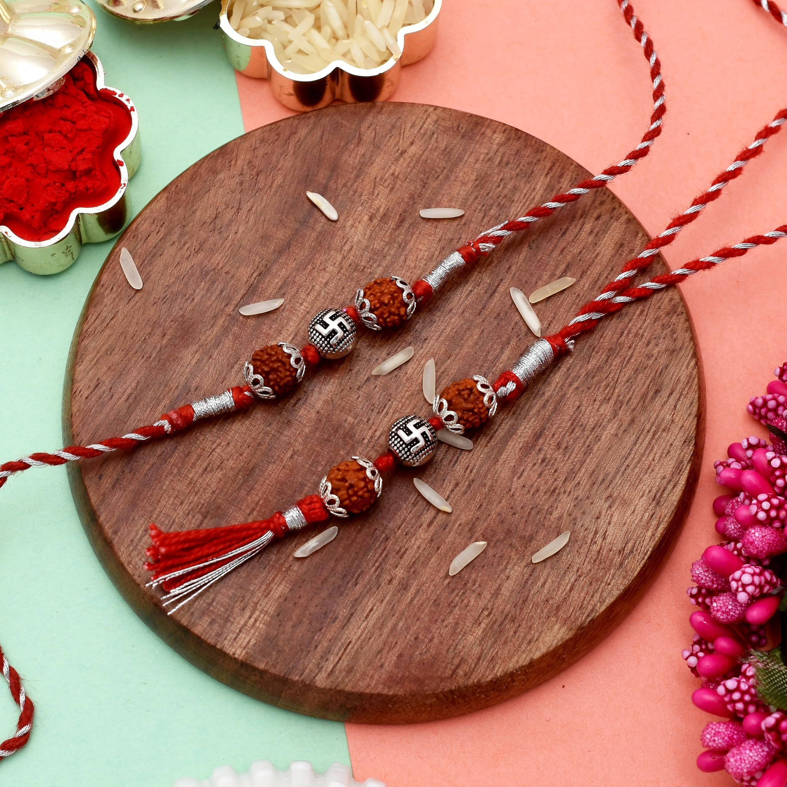 Abhooshan Silver Alloy Rudraksh Swastik Bead Thread Rakhi For Bhaiya Brother And Bhabhi | Stylish Gift For Rakshabandhan | Combo Rakhi For Couple | Rudraksh Swastik Bead Lumba Rakhi Set