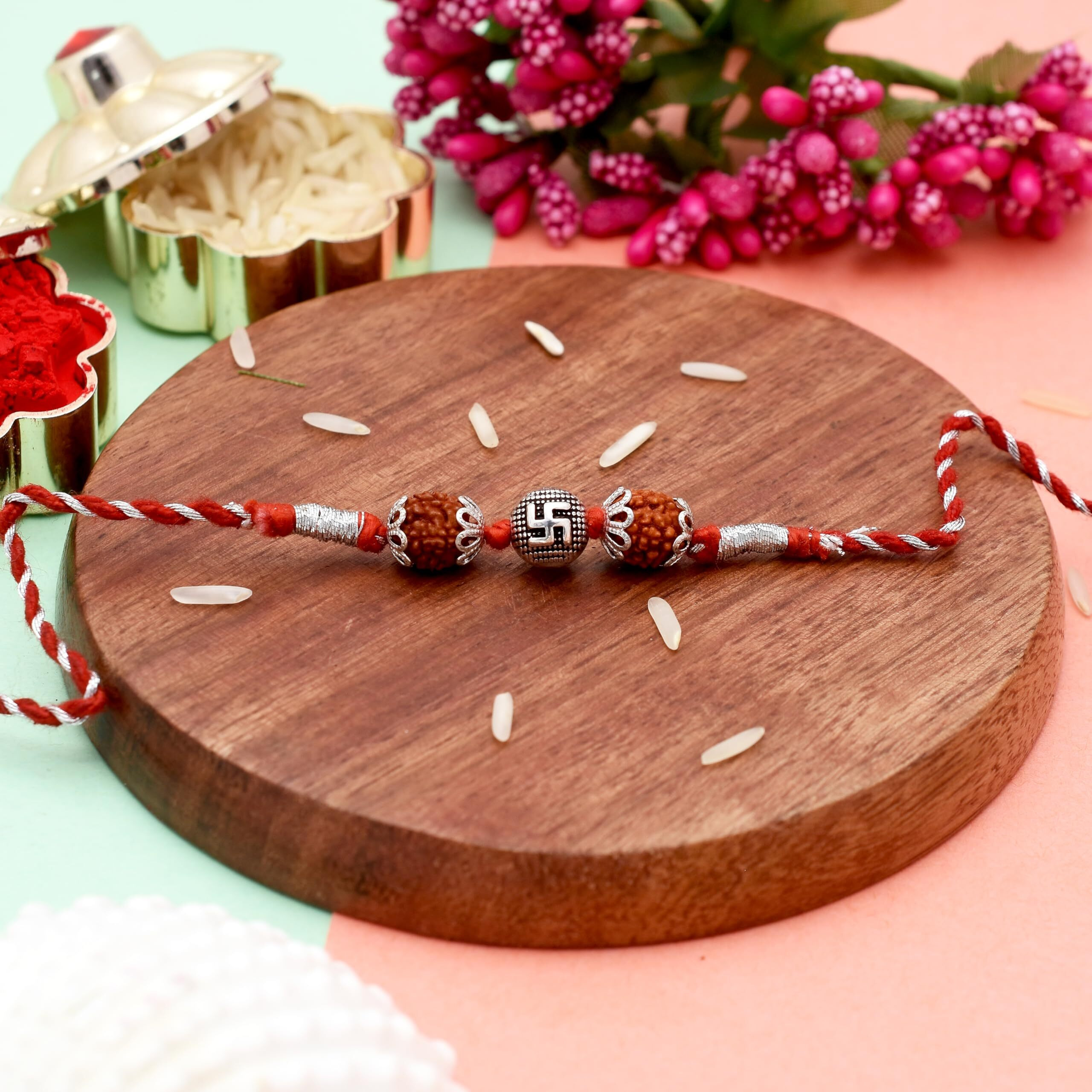 Abhooshan Silver Alloy Rudraksh Swastik Bead Thread Rakhi For Bhaiya Brother And Bhabhi | Stylish Gift For Rakshabandhan | Combo Rakhi For Couple | Rudraksh Swastik Bead Lumba Rakhi Set