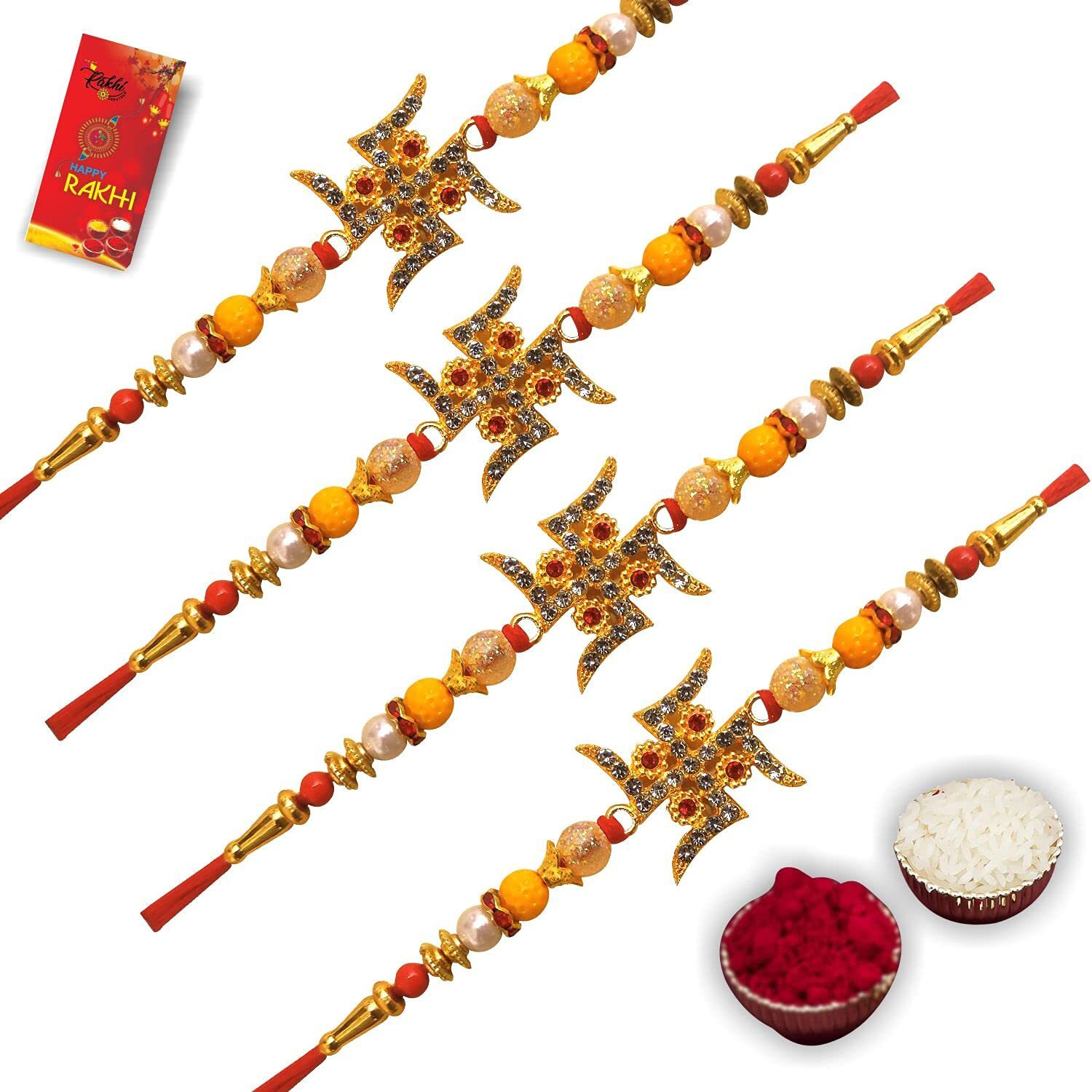 Case Creation Unisex Crystal Handcrafted Ad Stone Rakhi For Brother Religious Swastik Rakhi (4 Rakhis) Diamond - Pack Of 4