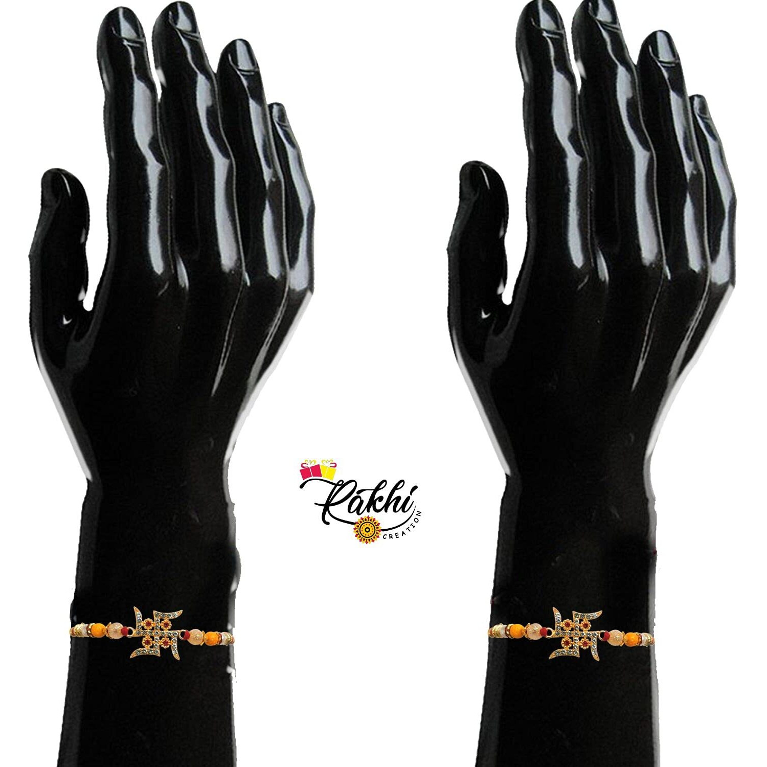 Case Creation Unisex Crystal Handcrafted Ad Stone Rakhi For Brother Religious Swastik Rakhi (4 Rakhis) Diamond - Pack Of 4