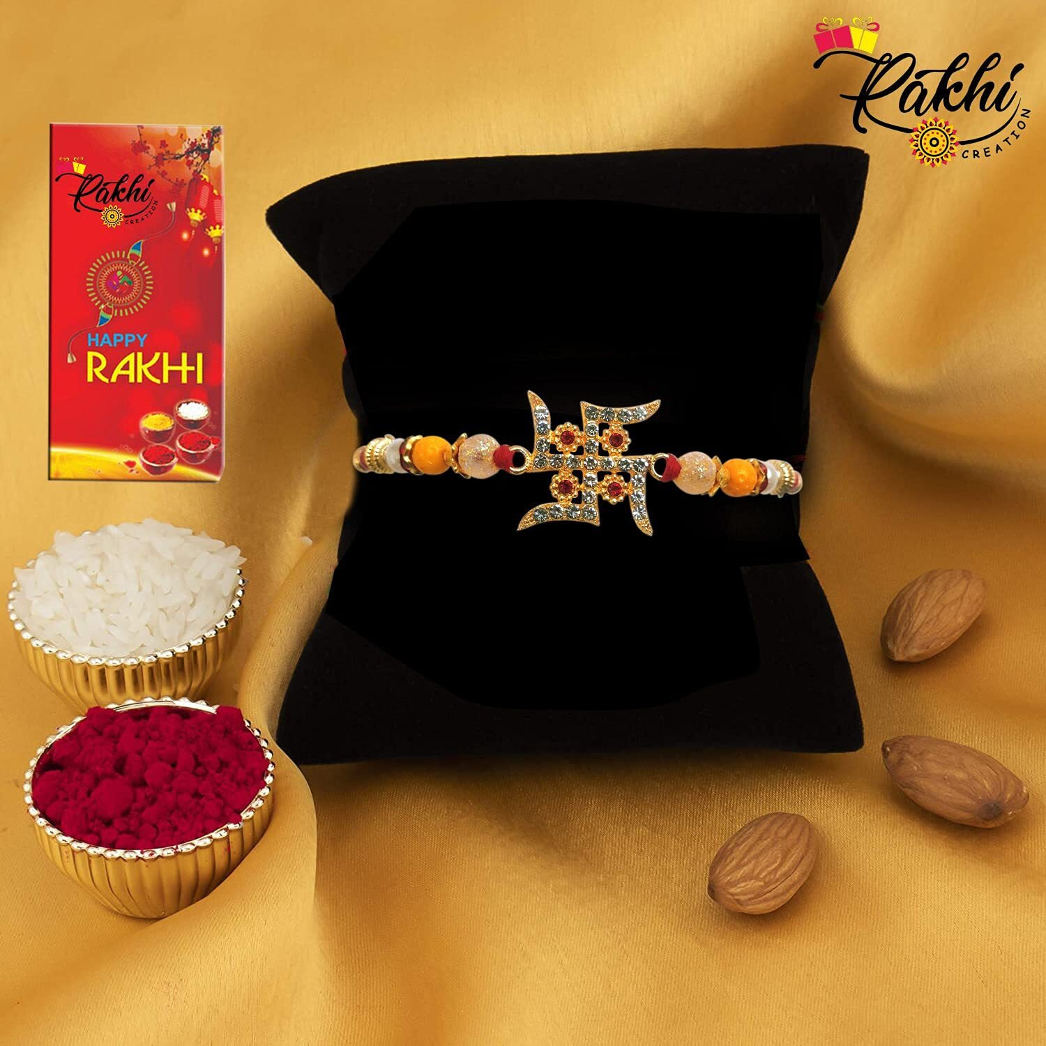 Case Creation Unisex Crystal Handcrafted Ad Stone Rakhi For Brother Religious Swastik Rakhi (4 Rakhis) Diamond - Pack Of 4