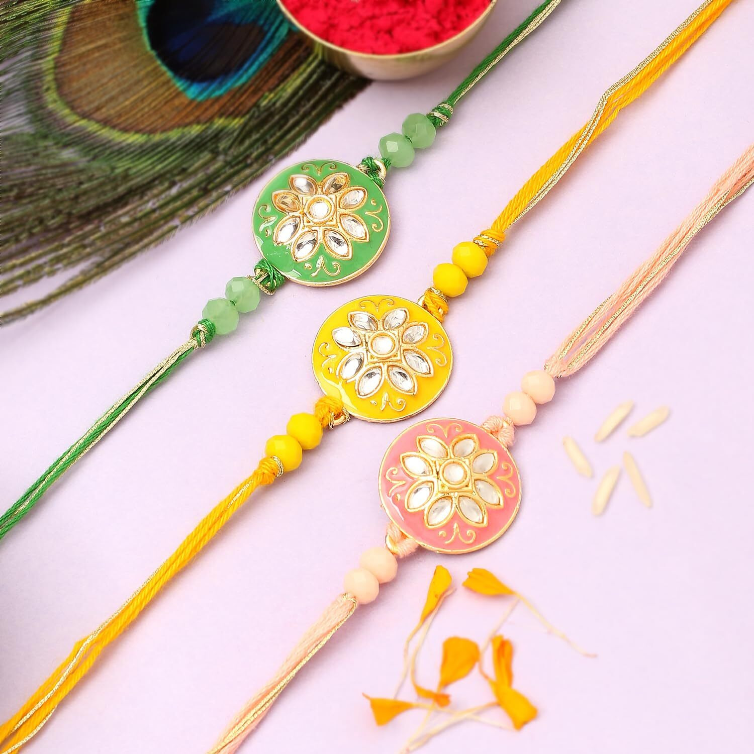 The Purple Tree Beautiful Kundan Flower Meenakari Rakhi For Brother With Roli Chawal And Card (Set Of 3) Rakhi For Bhai, Rakshabandhan Gift For Brother, Rakhi Thread, Rakhi Set, Rakhi Gift