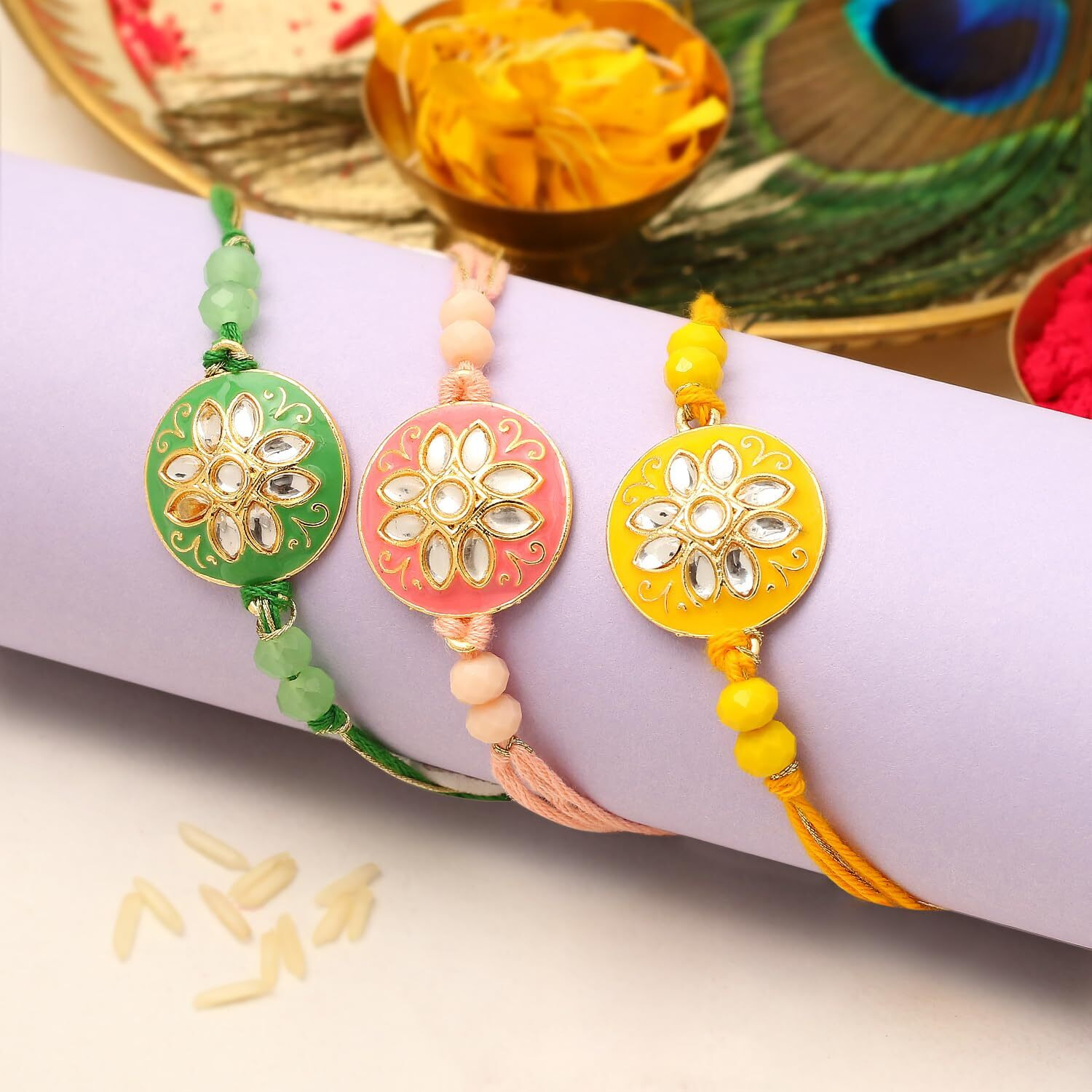 The Purple Tree Beautiful Kundan Flower Meenakari Rakhi For Brother With Roli Chawal And Card (Set Of 3) Rakhi For Bhai, Rakshabandhan Gift For Brother, Rakhi Thread, Rakhi Set, Rakhi Gift