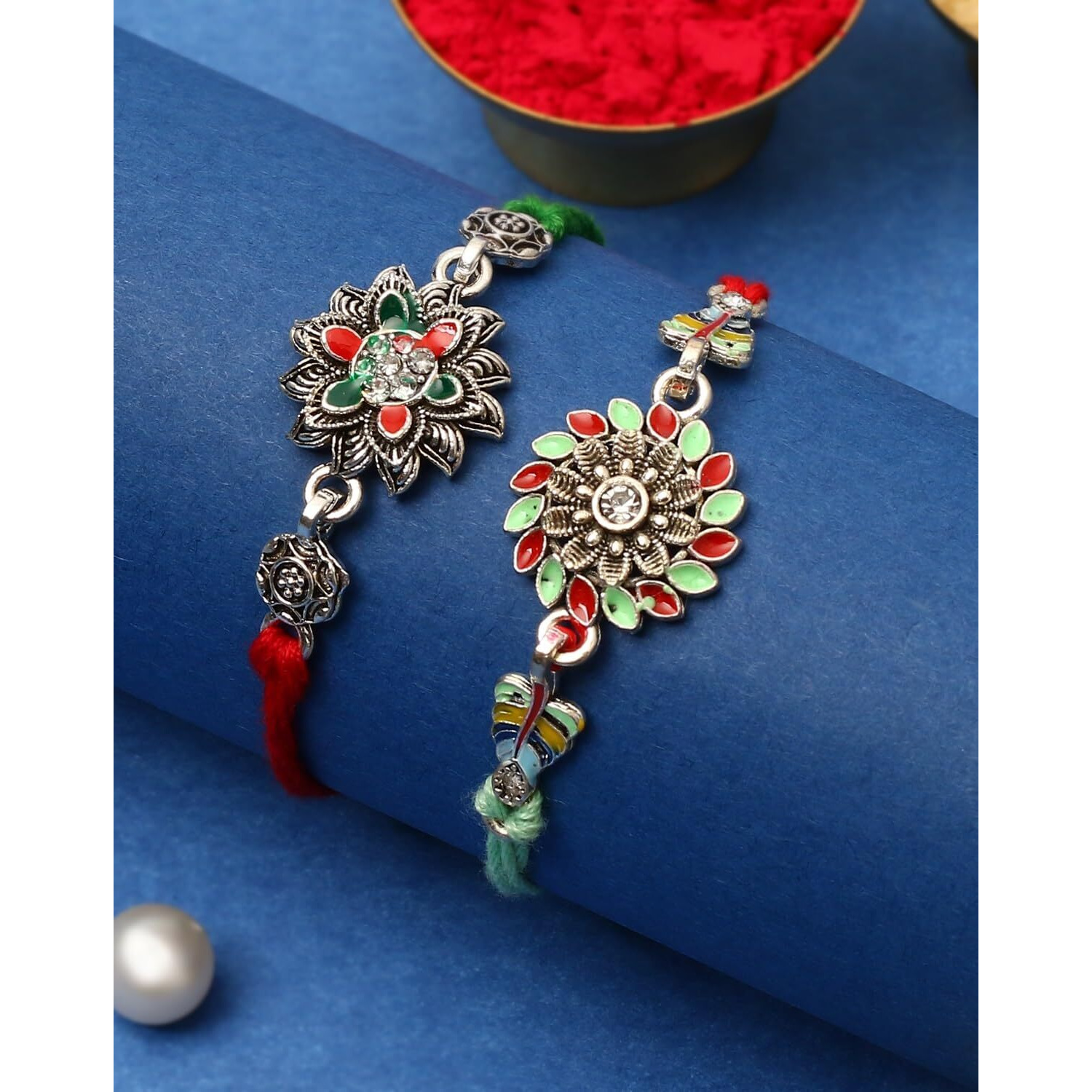 The Purple Tree Beautiful Silver Meenakari Rakhi For Brother With Roli Chawal And Card (Set Of 2) Rakhi For Bhai, Rakshabandhan Gift For Brother, Rakhi Thread, Rakhi Set, Rakhi Gift