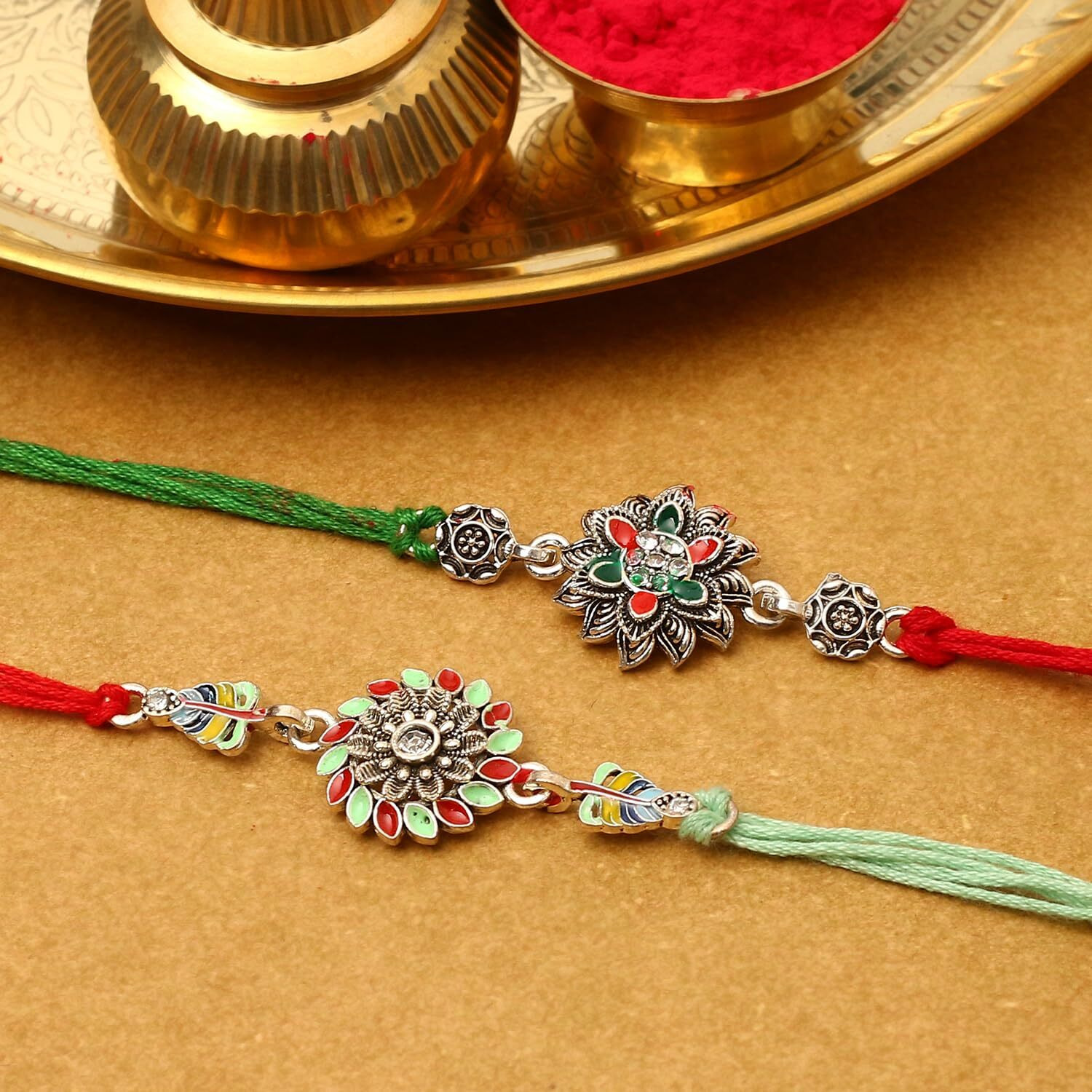 The Purple Tree Beautiful Silver Meenakari Rakhi For Brother With Roli Chawal And Card (Set Of 2) Rakhi For Bhai, Rakshabandhan Gift For Brother, Rakhi Thread, Rakhi Set, Rakhi Gift