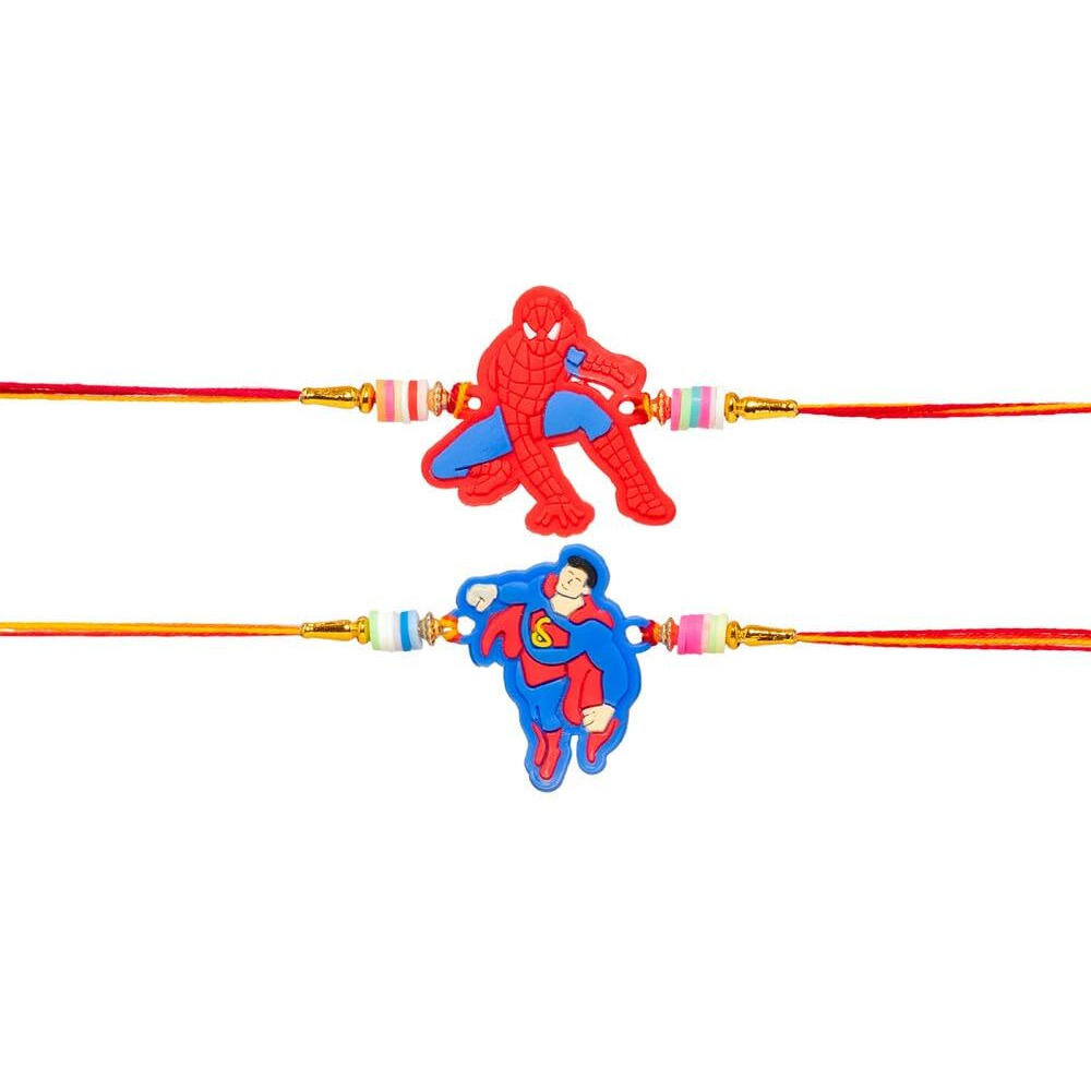Kizzi Kids Rakhi Set - Spiderman And Supermen Design Rakhi Made With Rubber | Perfect Raksha Bandhan Gift For Kids