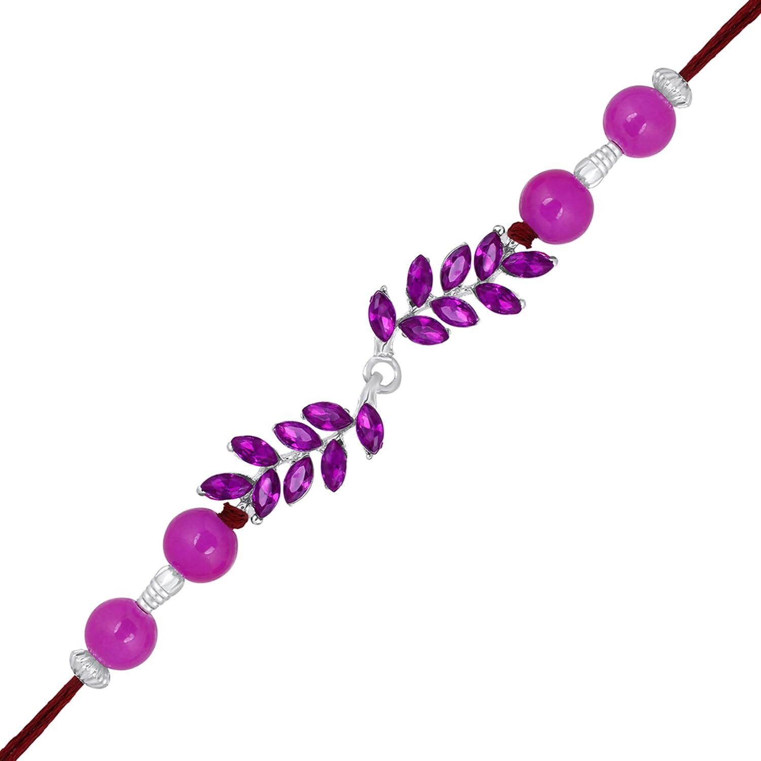 Mahi Rhodium Plated Leafy Shape Purple Crystals Rakhi For Bhaiya, Brother, Bhai, Bro (Ra1100784Rpur)