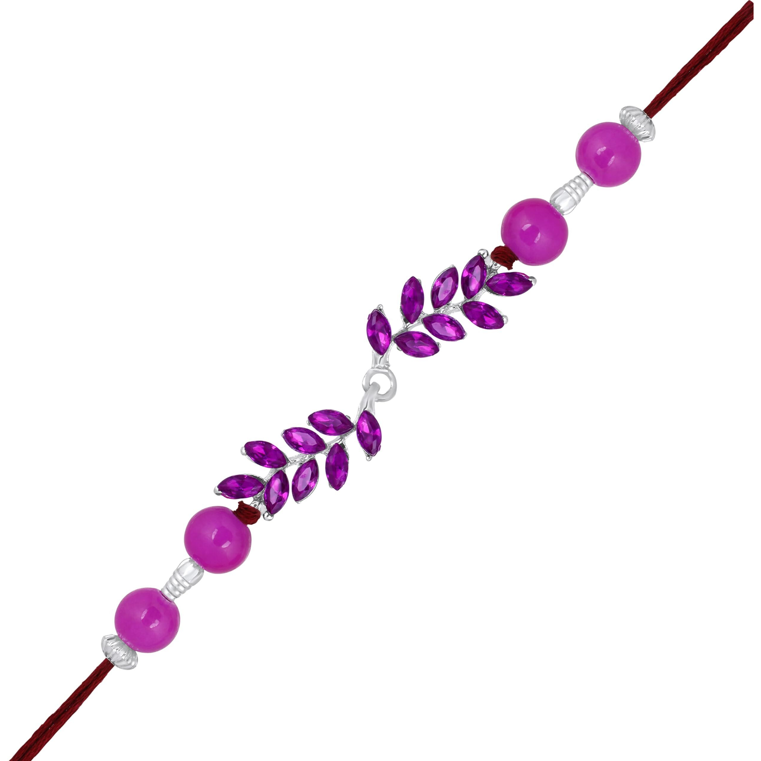 Mahi Rhodium Plated Leafy Shape Purple Crystals Rakhi For Bhaiya, Brother, Bhai, Bro (Ra1100784Rpur)