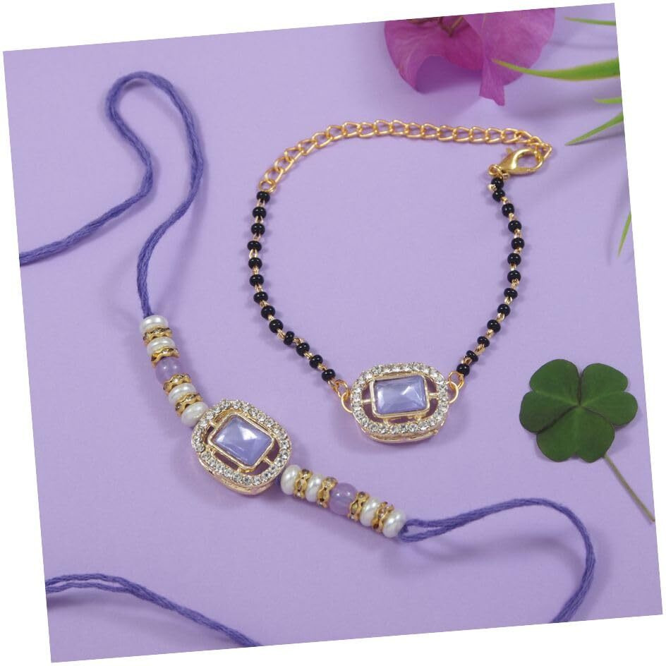 I Jewels Kundan & Pearl Bhaiya Bhabhi Mangalsutra Bracelet Rakhi Set With Roli Chawal & Rakshabandhan Card For Unisex Adult(R166Pu-Co)