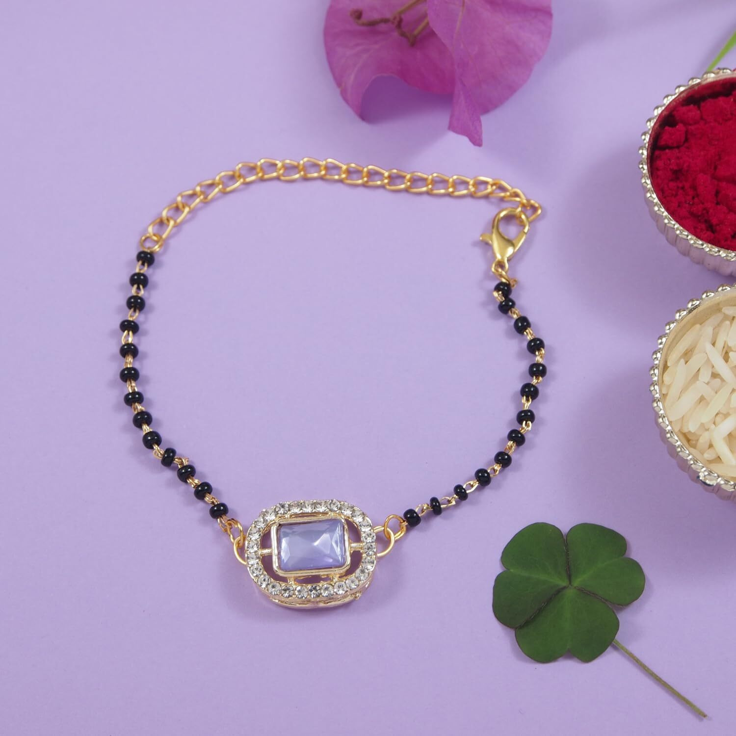 I Jewels Kundan & Pearl Bhaiya Bhabhi Mangalsutra Bracelet Rakhi Set With Roli Chawal & Rakshabandhan Card For Unisex Adult(R166Pu-Co)