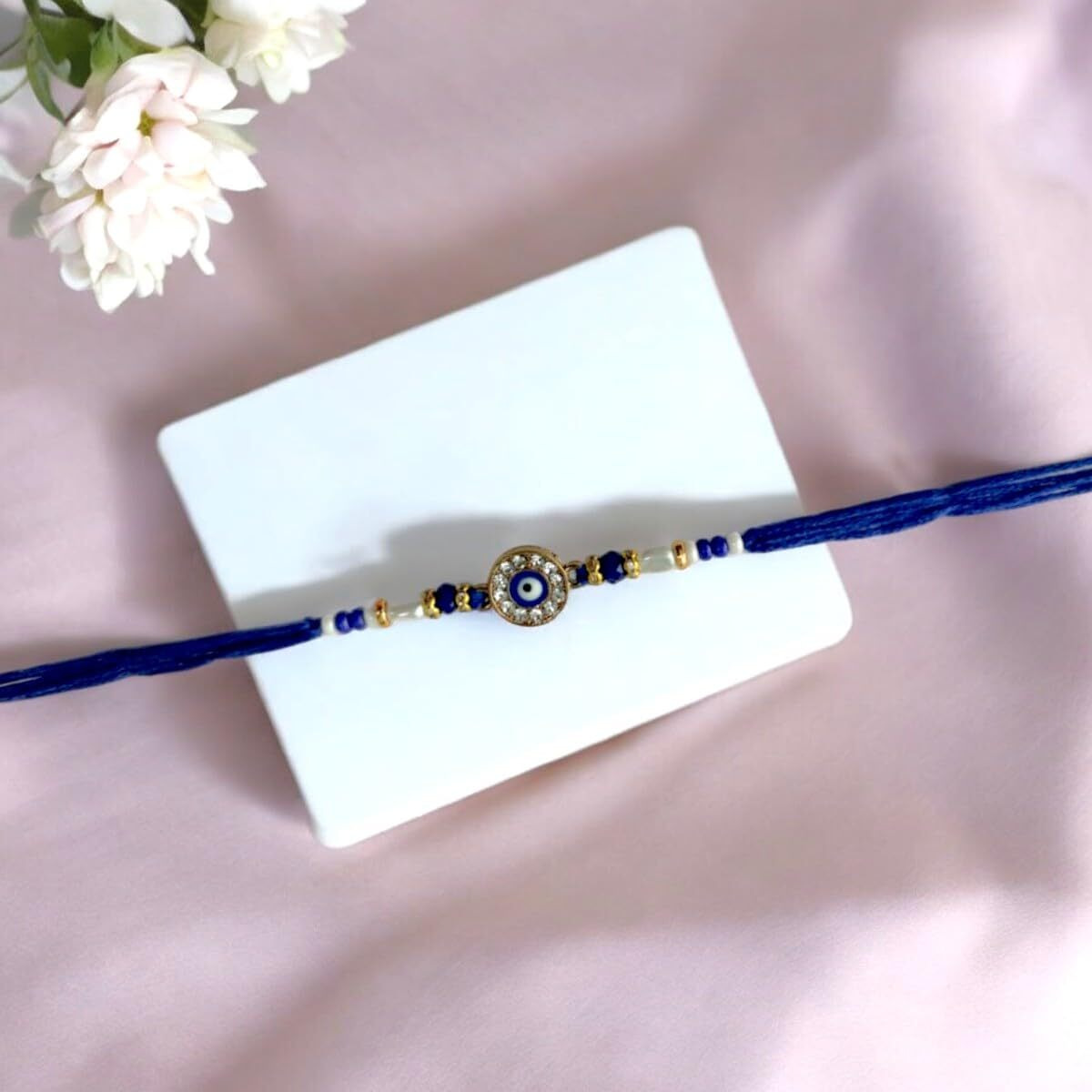Accessher Mens Traditional Semi Precious Stones Studded Evill Eye Rakhi Beloved Brother & Gifting With Roli Kumkum Packets & Happy Rakshabandhan Card