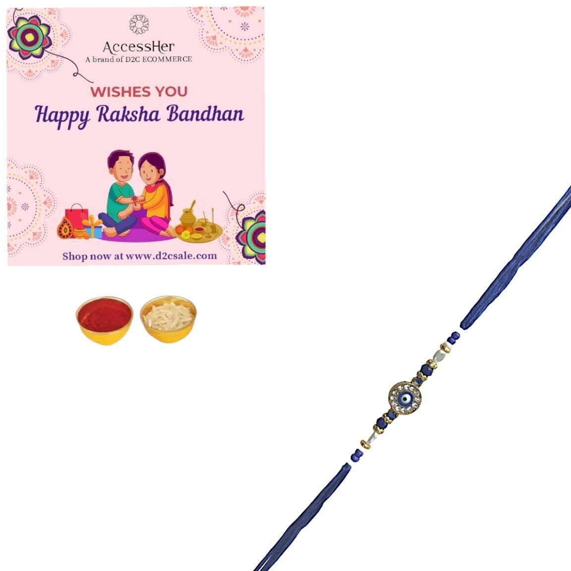 Accessher Mens Traditional Semi Precious Stones Studded Evill Eye Rakhi Beloved Brother & Gifting With Roli Kumkum Packets & Happy Rakshabandhan Card