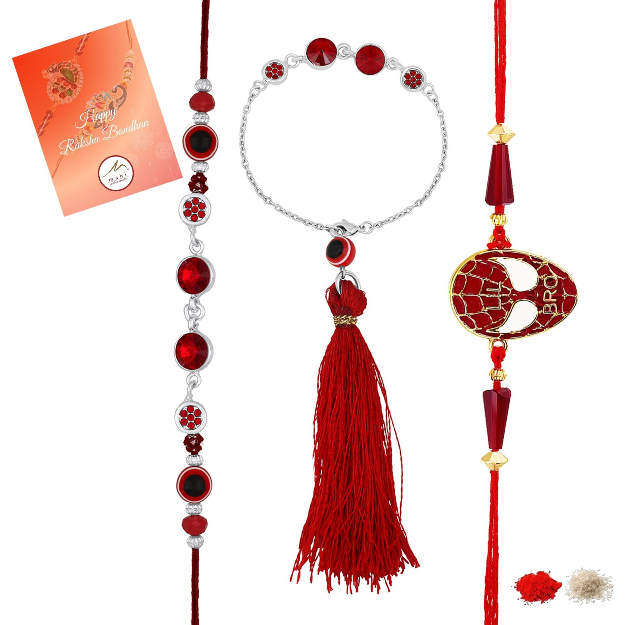 Mahi Combo Of Couple Rakhi And Meena Enamel Super Hero Kids Rakhi For Bhaiya Bhabhi And Bhatija With Evil Eye (Rcolb1105703M)