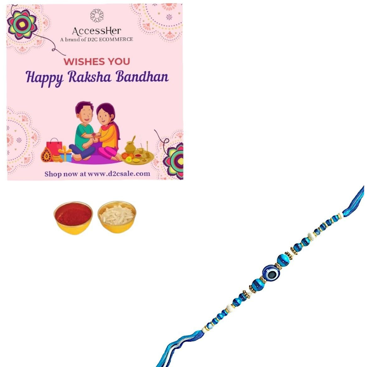 Accessher Quirky Delicate Evil Eye Blue Rakhi For Beloved Brother, Kids & Gifting With Roli Kumkum Packets & Happy Rakshabandhan Card (Pack Of 1)