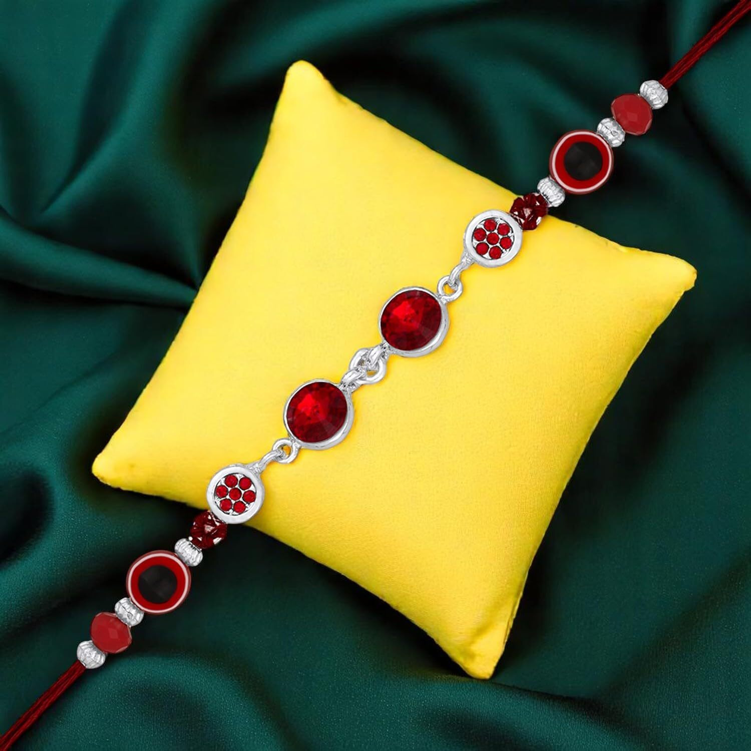 Mahi Rhodium Plated Red Crystals Studded Evil Eye Rakhi For Bhaiya, Brother, Bhai, Bro (Ra1100786Rred)
