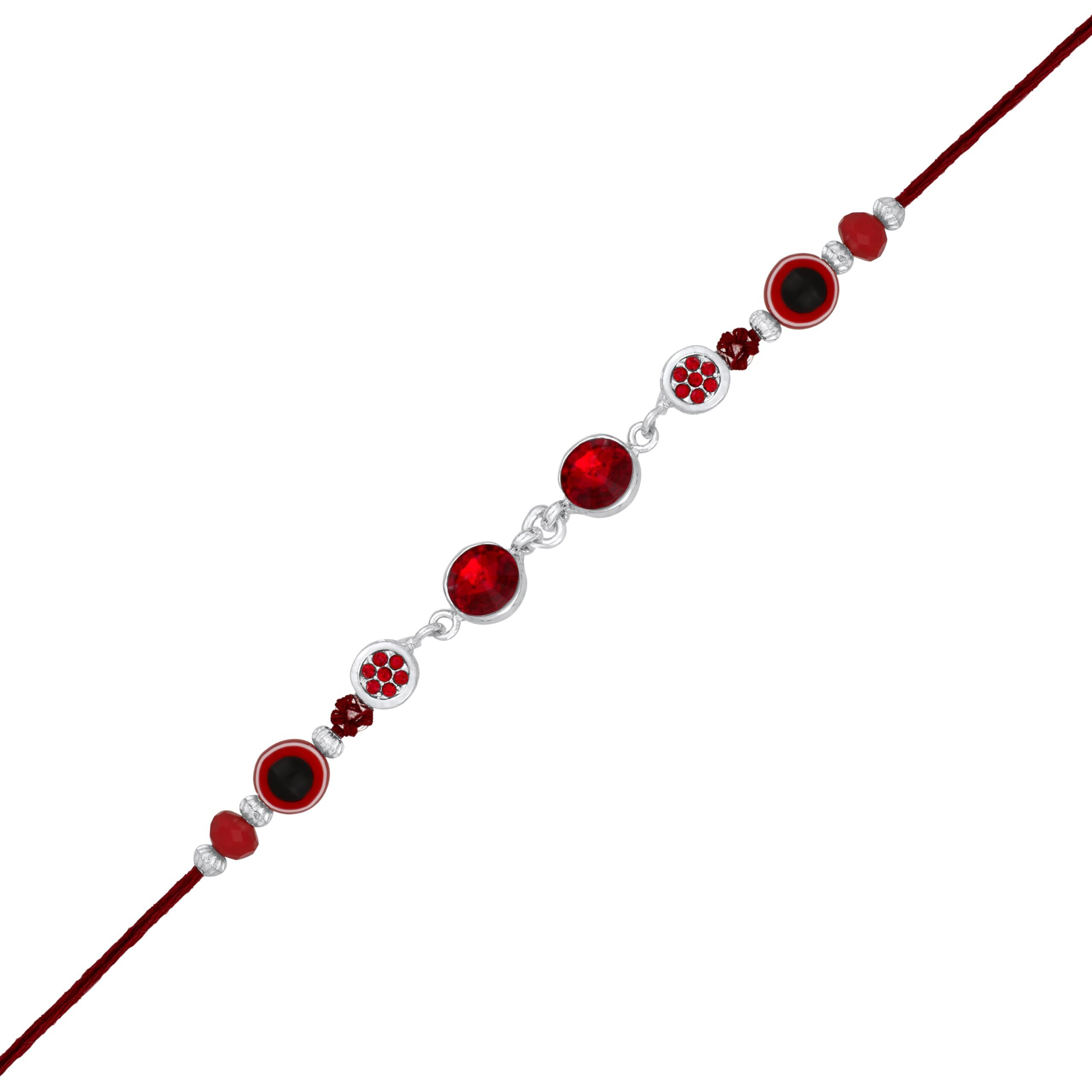 Mahi Rhodium Plated Red Crystals Studded Evil Eye Rakhi For Bhaiya, Brother, Bhai, Bro (Ra1100786Rred)