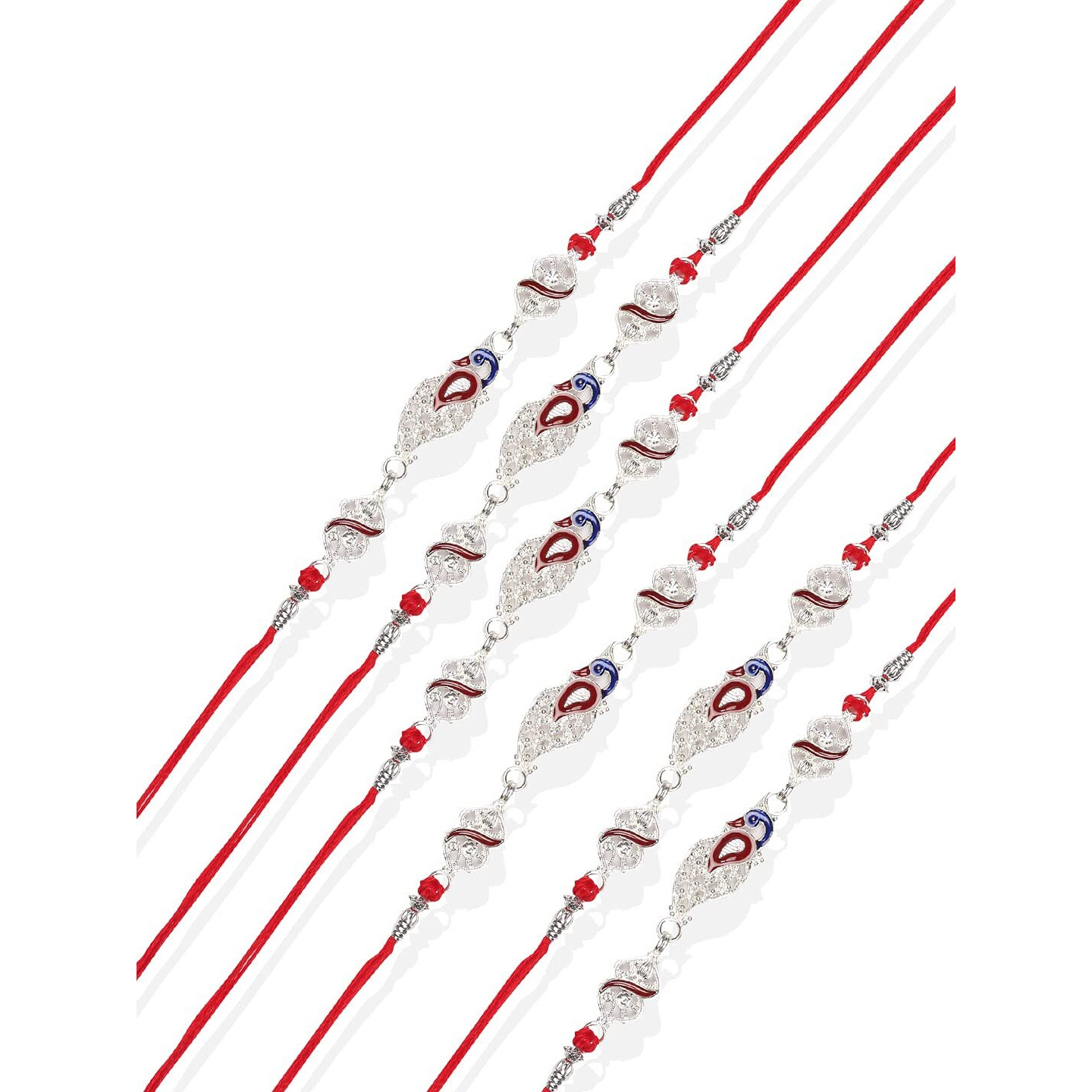 Accessher Presents Traditional Silver Designer Peacock Rakhi For Brother | Stones Embedded Pack Of 6 With Roli Kumkum Packets & Happy Rakshabandhan Card