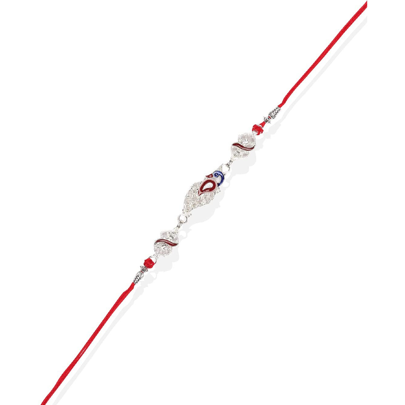 Accessher Presents Traditional Silver Designer Peacock Rakhi For Brother | Stones Embedded Pack Of 6 With Roli Kumkum Packets & Happy Rakshabandhan Card