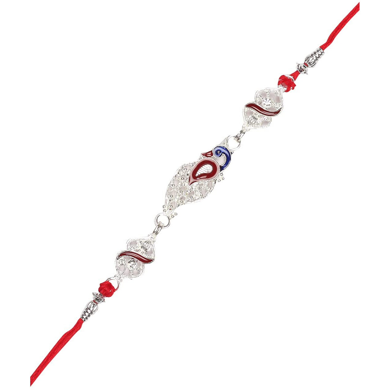 Accessher Presents Traditional Silver Designer Peacock Rakhi For Brother | Stones Embedded Pack Of 6 With Roli Kumkum Packets & Happy Rakshabandhan Card