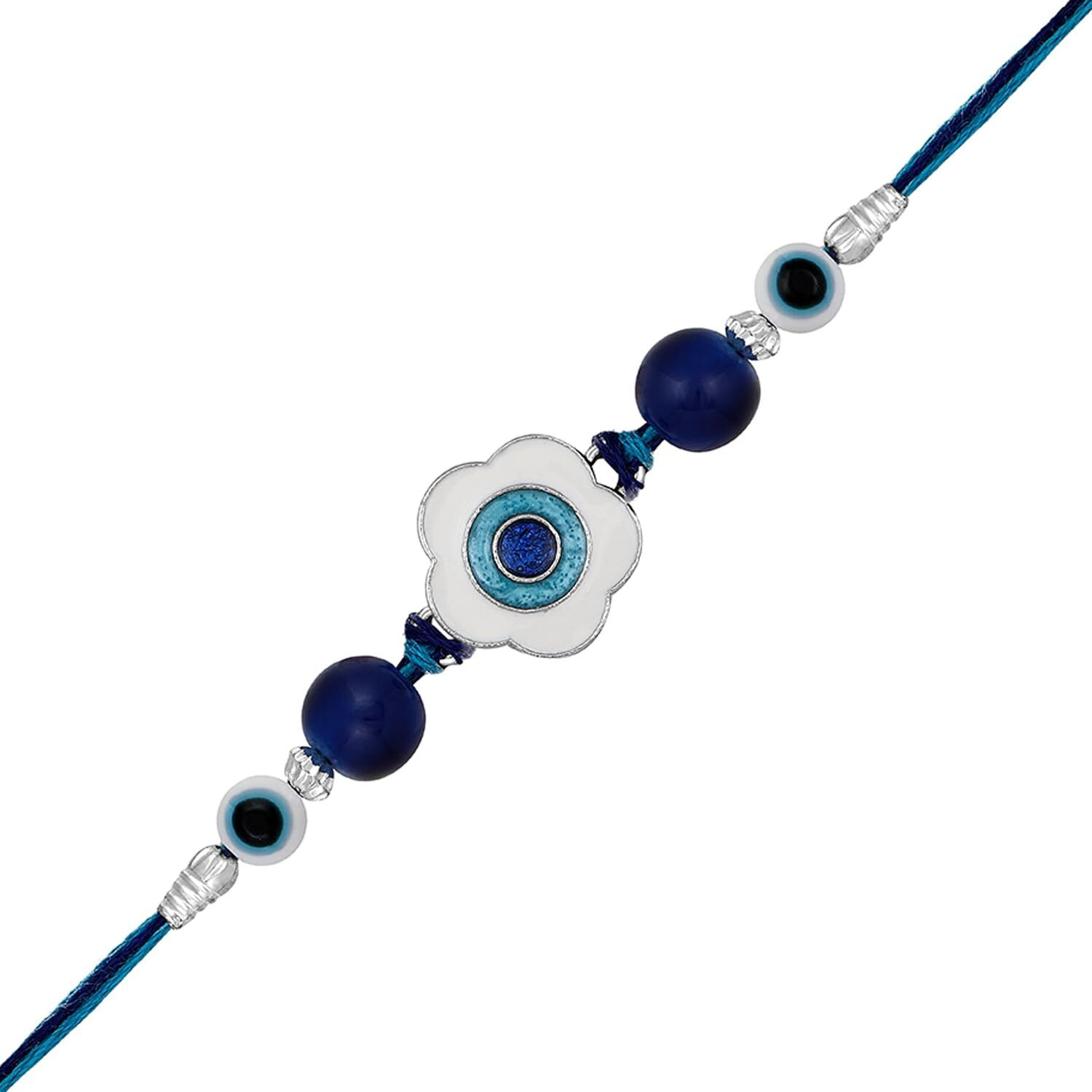 Mahi Rhodium Plated Blue And White Meenakari Work Floral Evil Eye Rakhi For Brother (Ra1100730R)